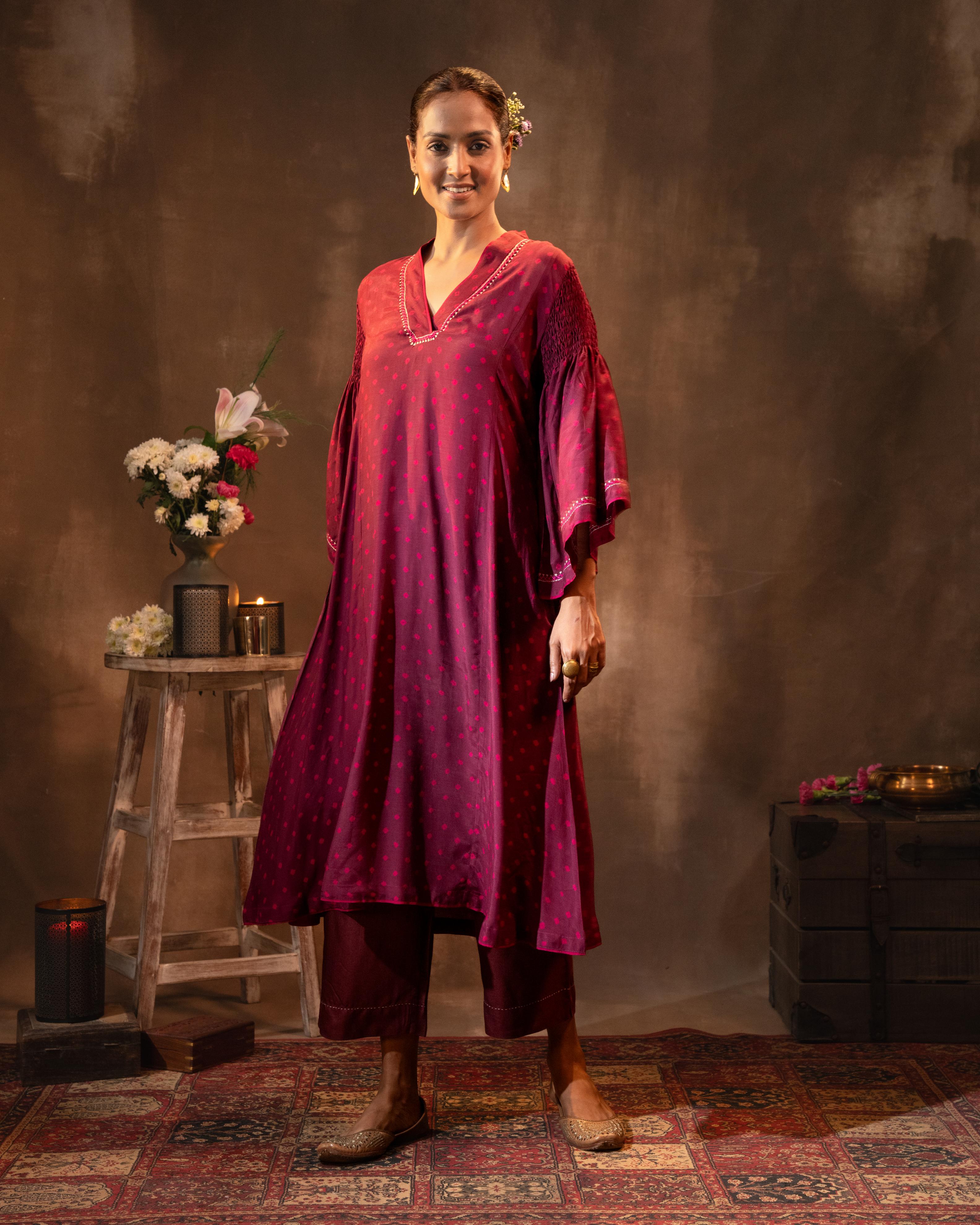 Ruhani Wine Flared Sleeves Silk Kurta with Bandhej