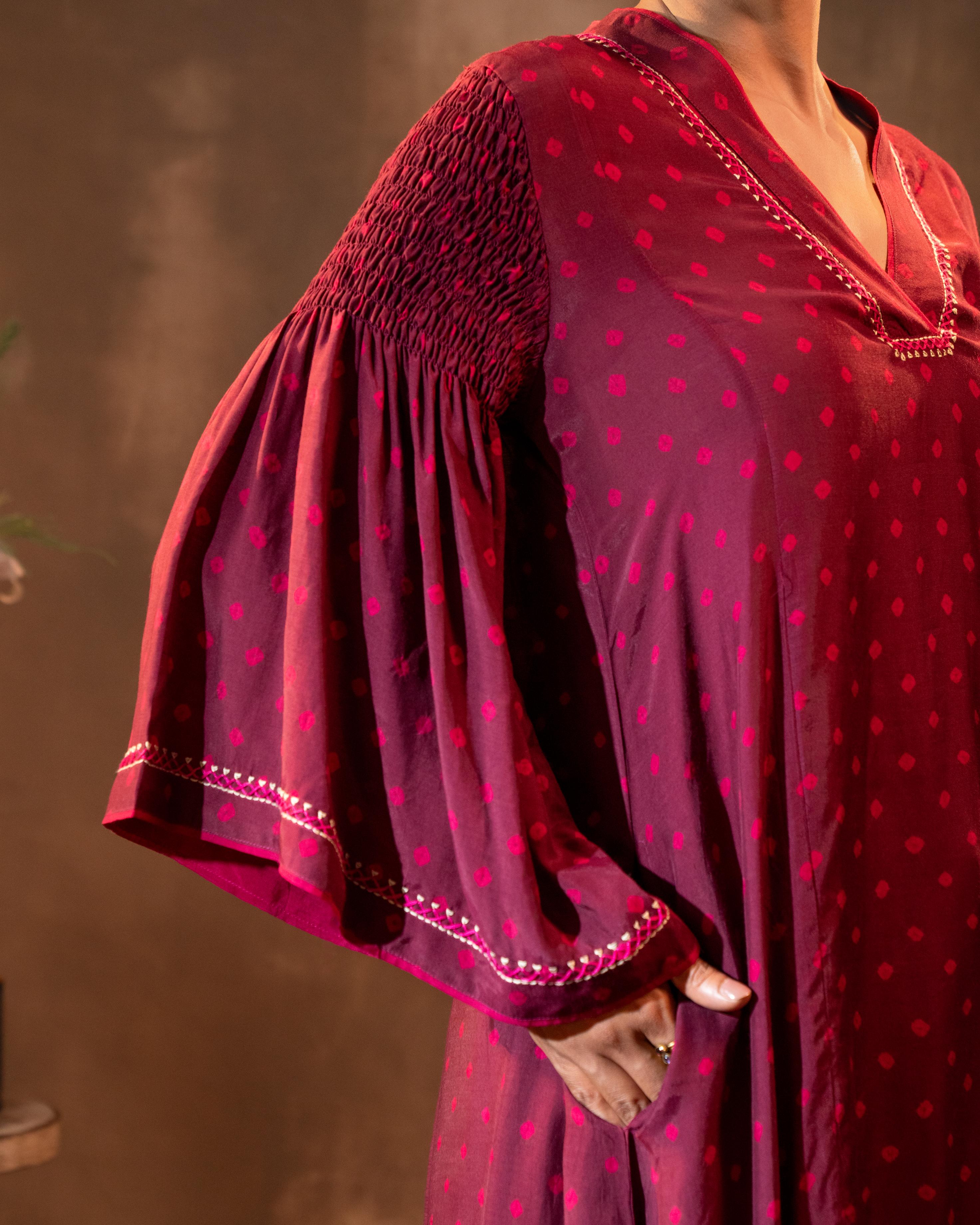 Ruhani Wine Flared Sleeves Silk Kurta with Bandhej