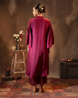 Ruhani Wine Flared Sleeves Silk Kurta with Bandhej