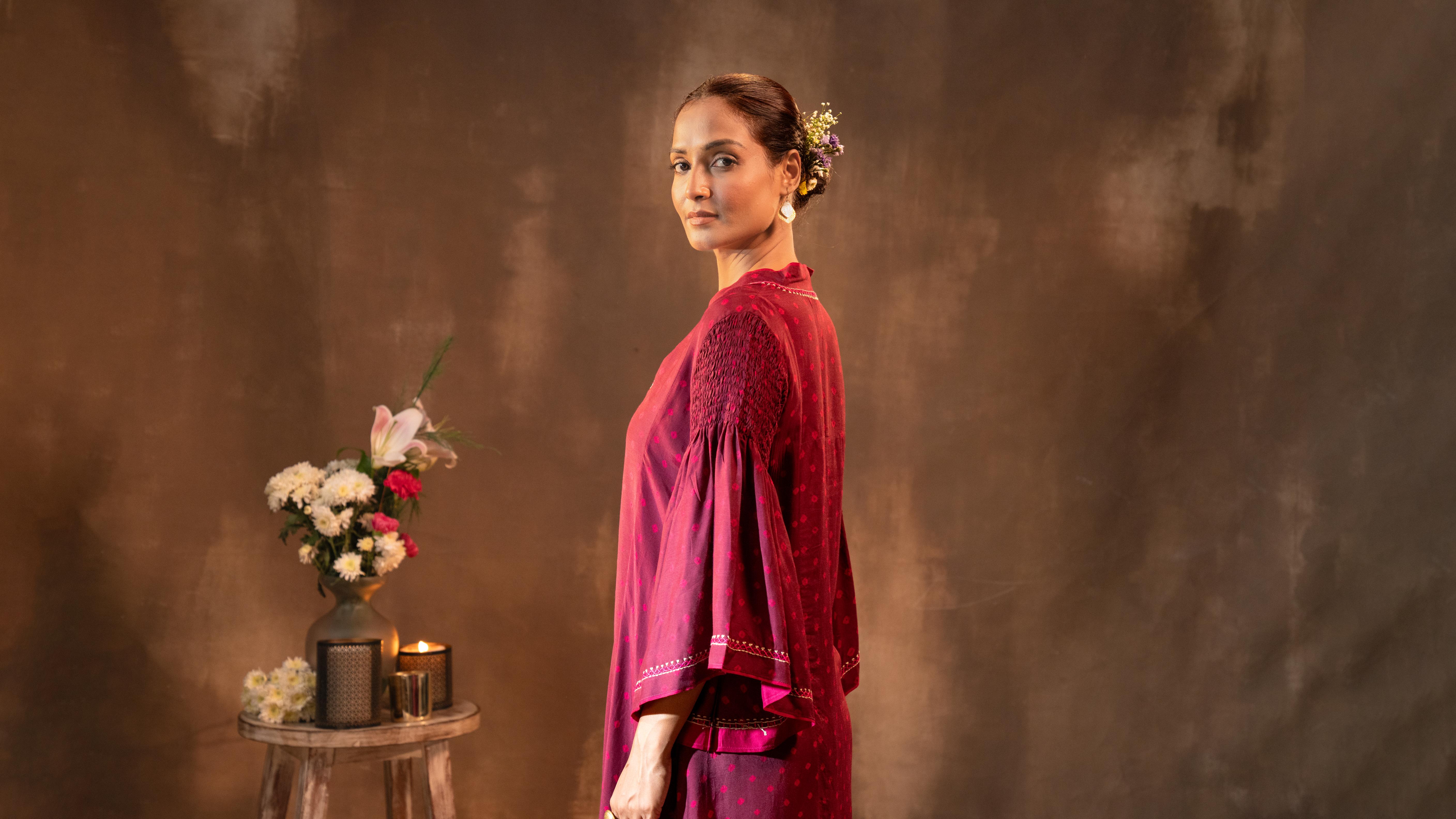 Ruhani Wine Flared Sleeves Silk Kurta with Bandhej