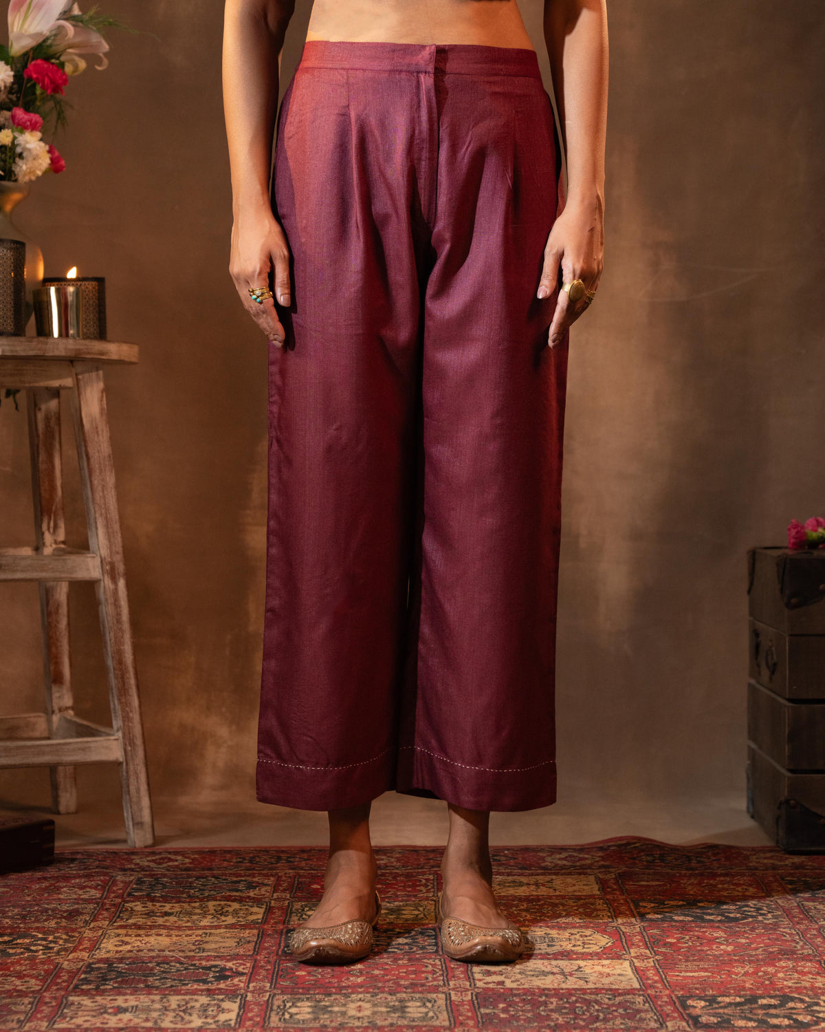 Ruhani Wine Straight Fit Cotton Silk Pant