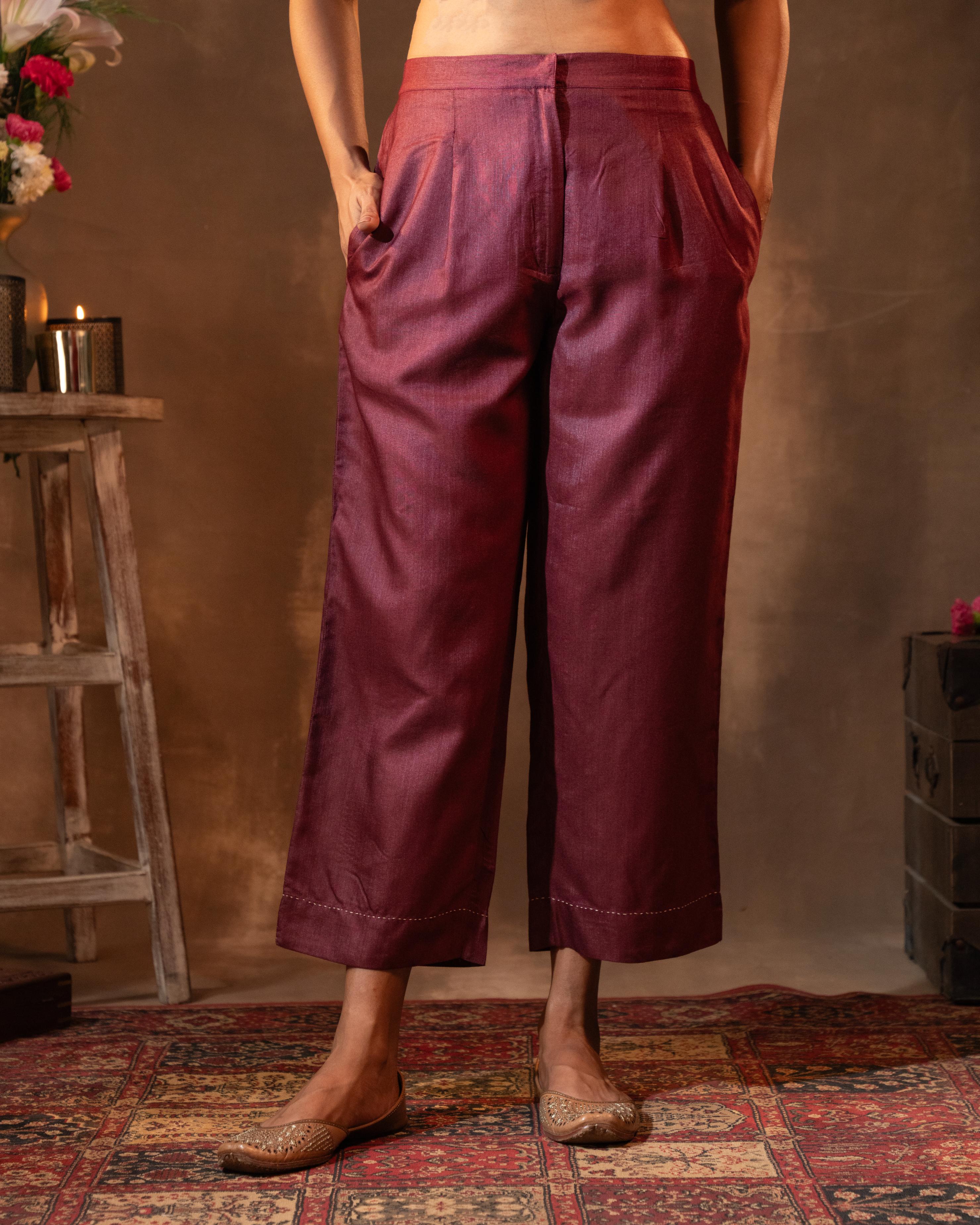 Ruhani Wine Straight Fit Cotton Silk Pant