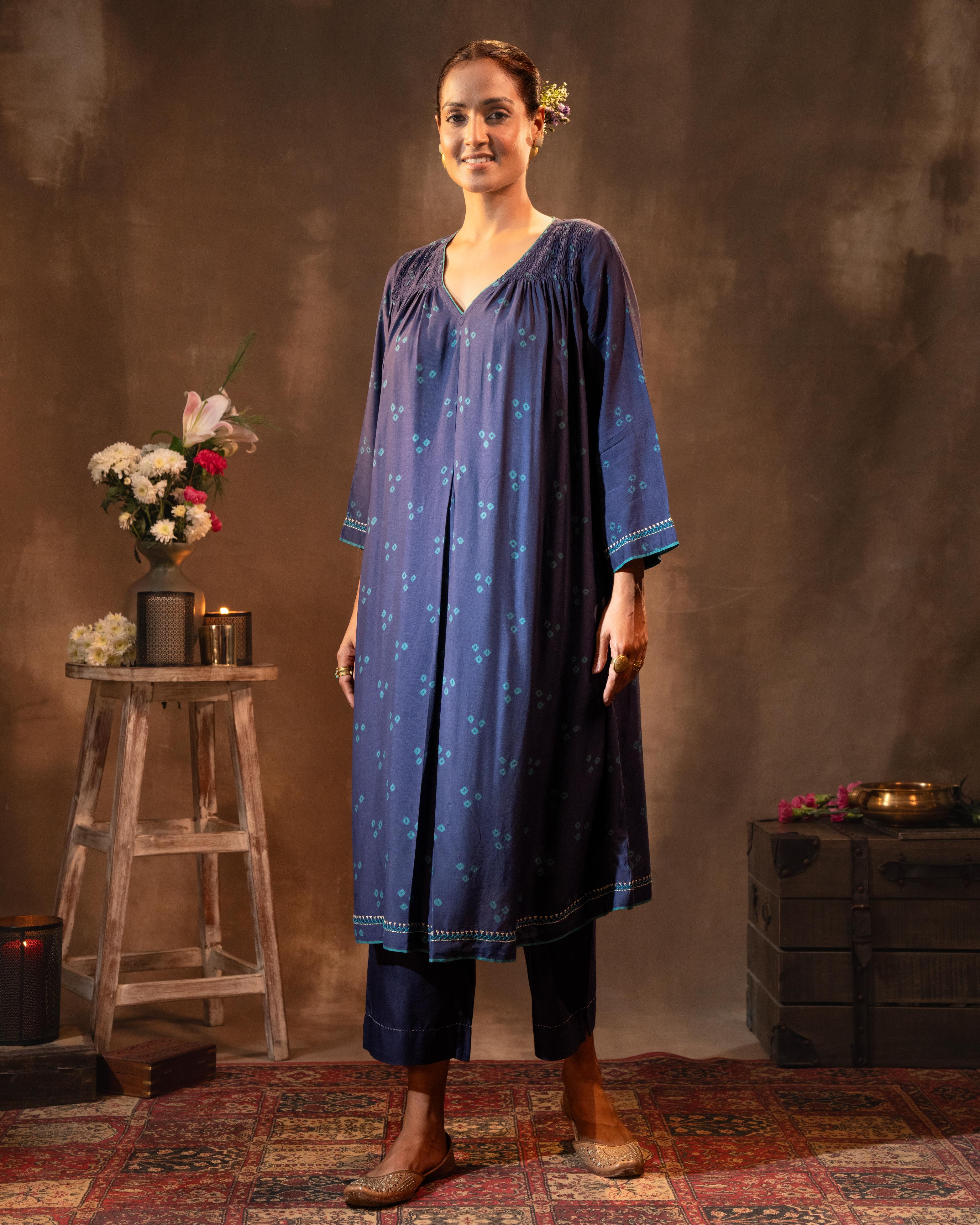 Ruhani Midnight Blue Gathered Silk Kurta with Bandhej