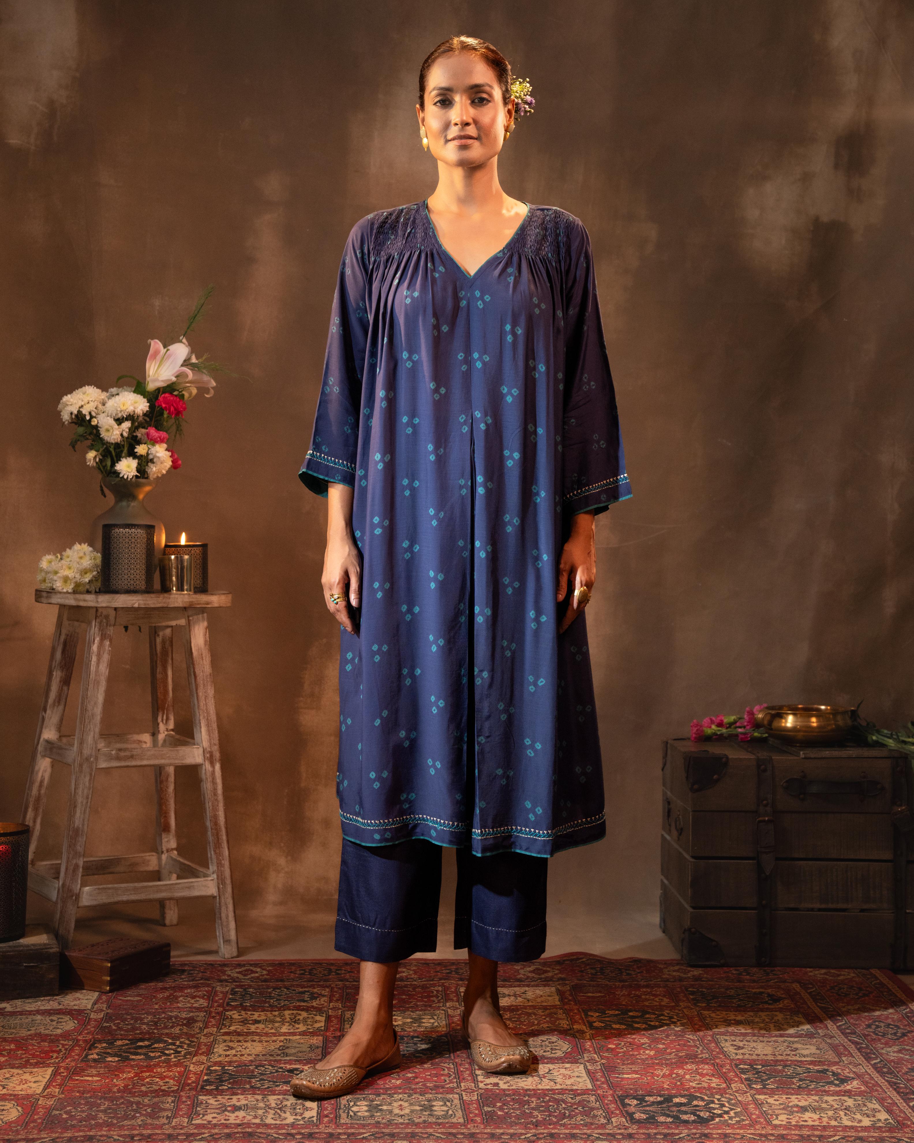 Ruhani Midnight Blue Gathered Silk Kurta with Bandhej