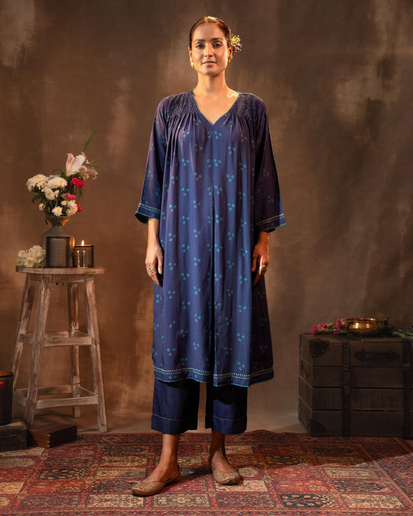 Ruhani Midnight Blue Gathered Silk Kurta with Bandhej