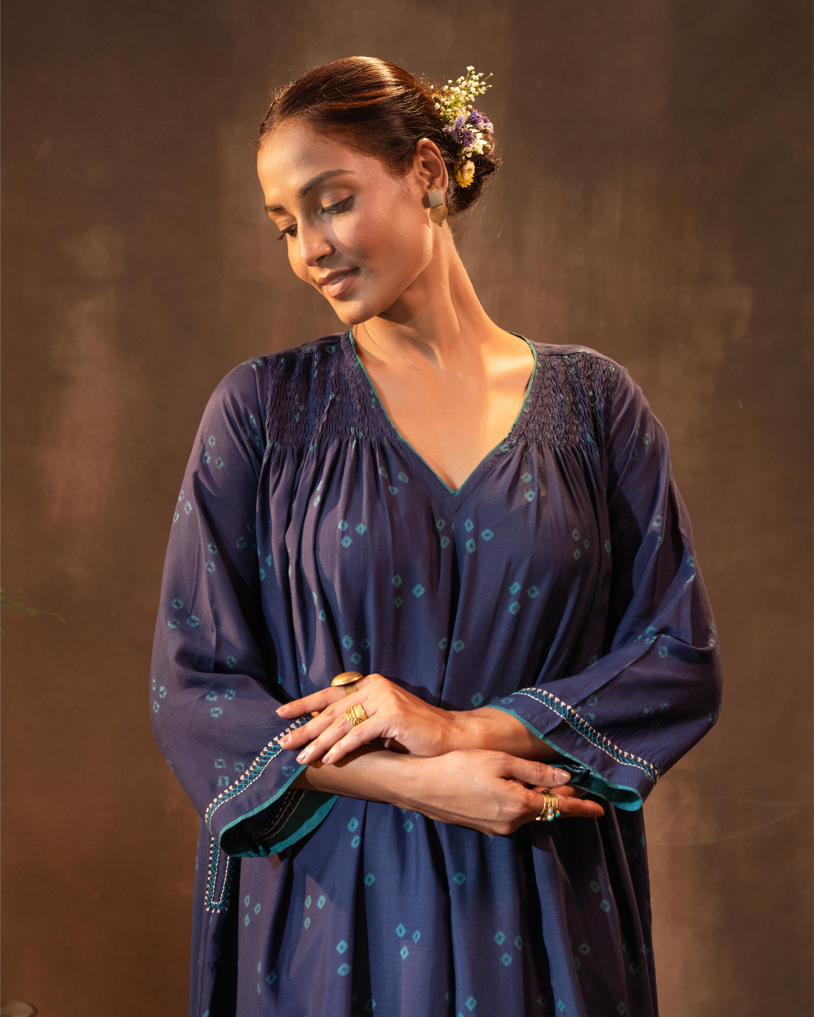 Ruhani Midnight Blue Gathered Silk Kurta with Bandhej