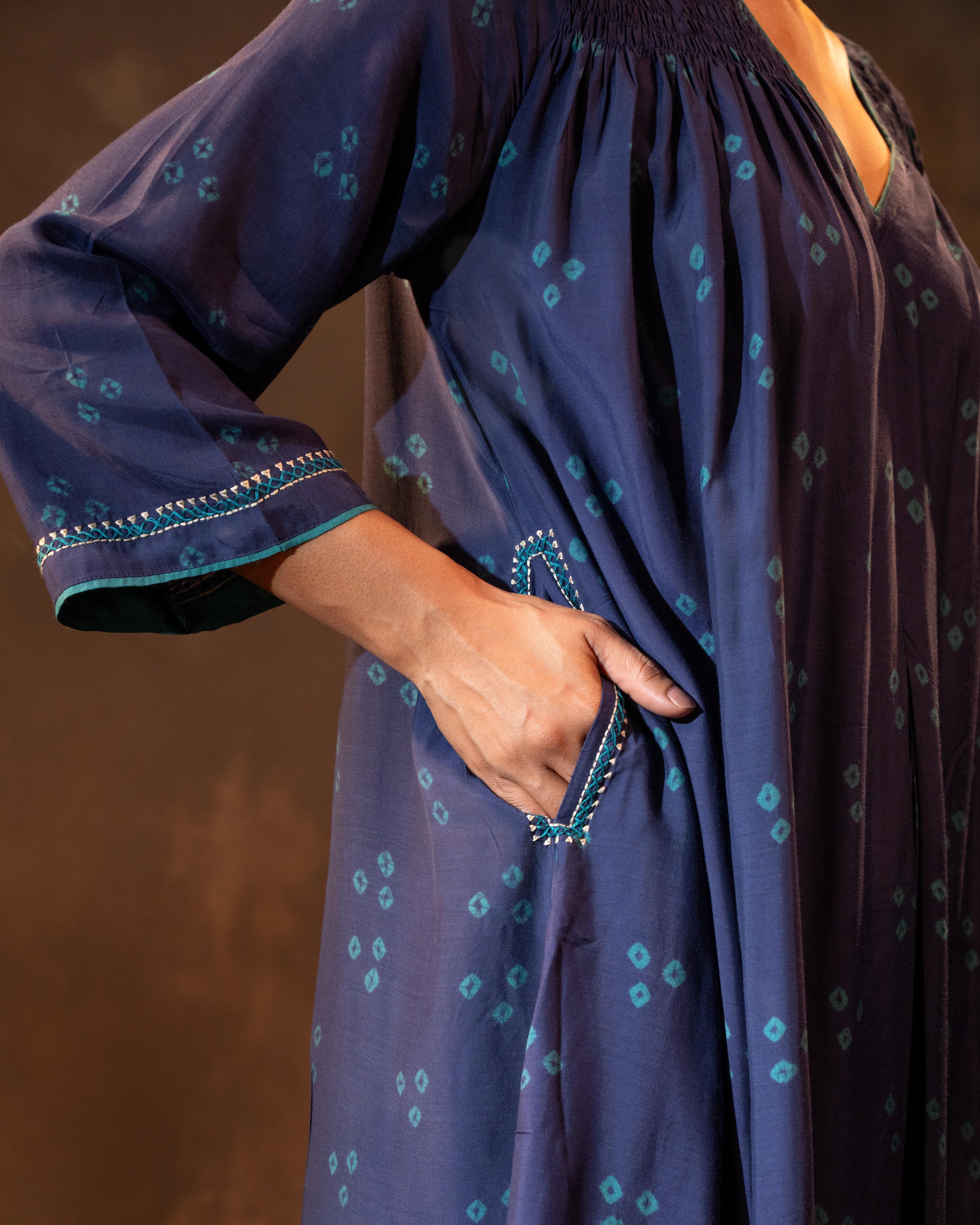 Ruhani Midnight Blue Gathered Silk Kurta with Bandhej