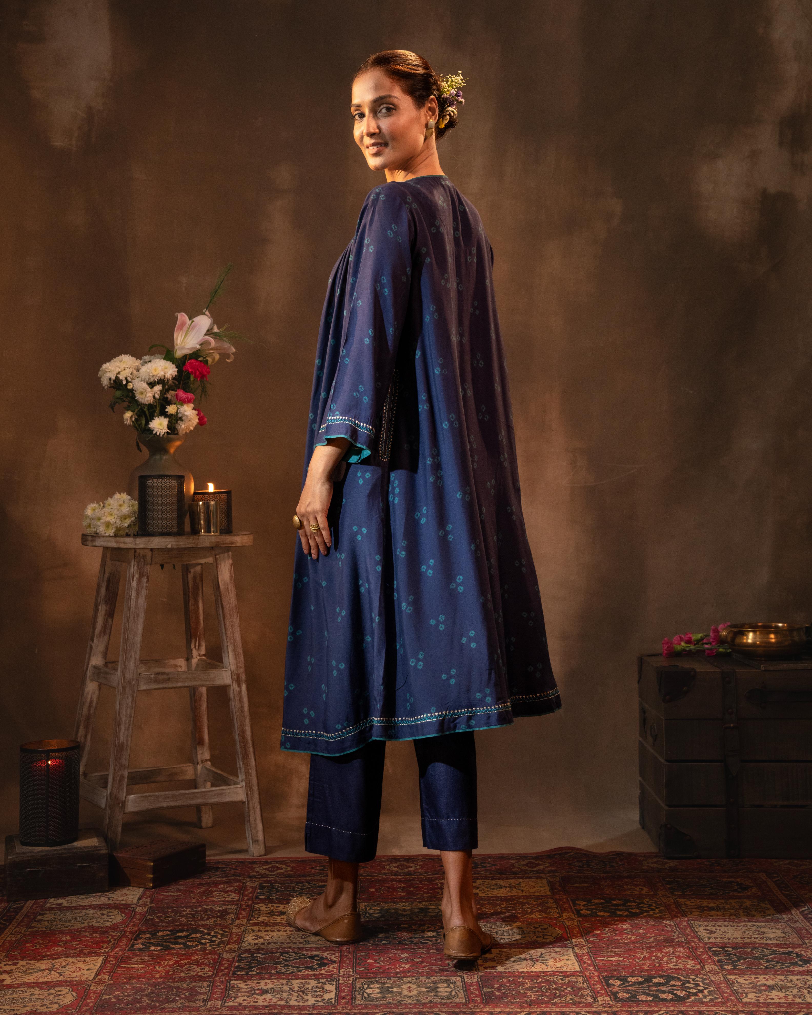 Ruhani Midnight Blue Gathered Silk Kurta with Bandhej
