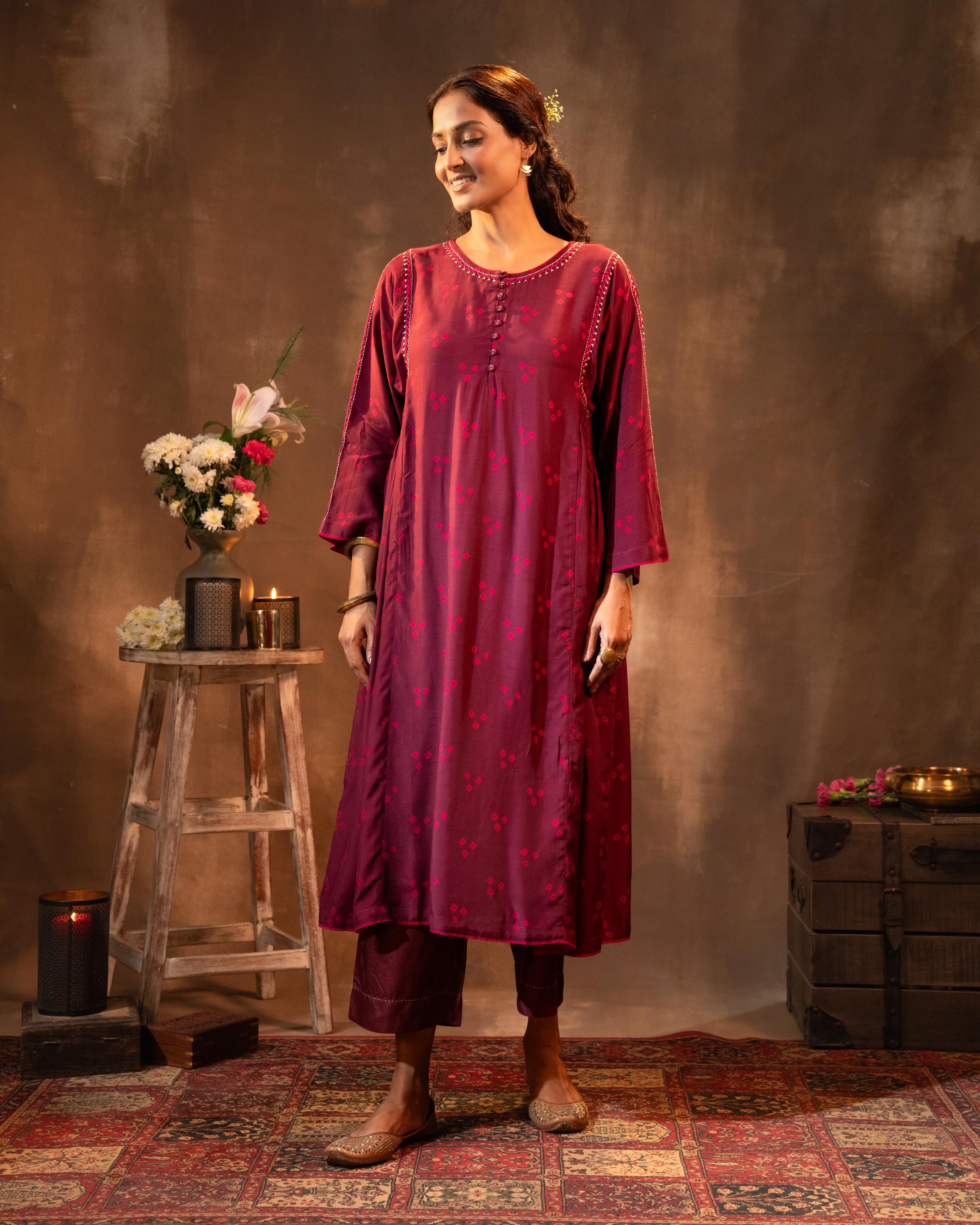 Ruhani Wine Button Down Silk Kurta With Bandhej