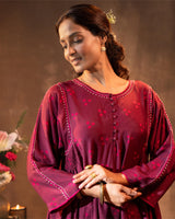 Ruhani Wine Button Down Silk Kurta With Bandhej