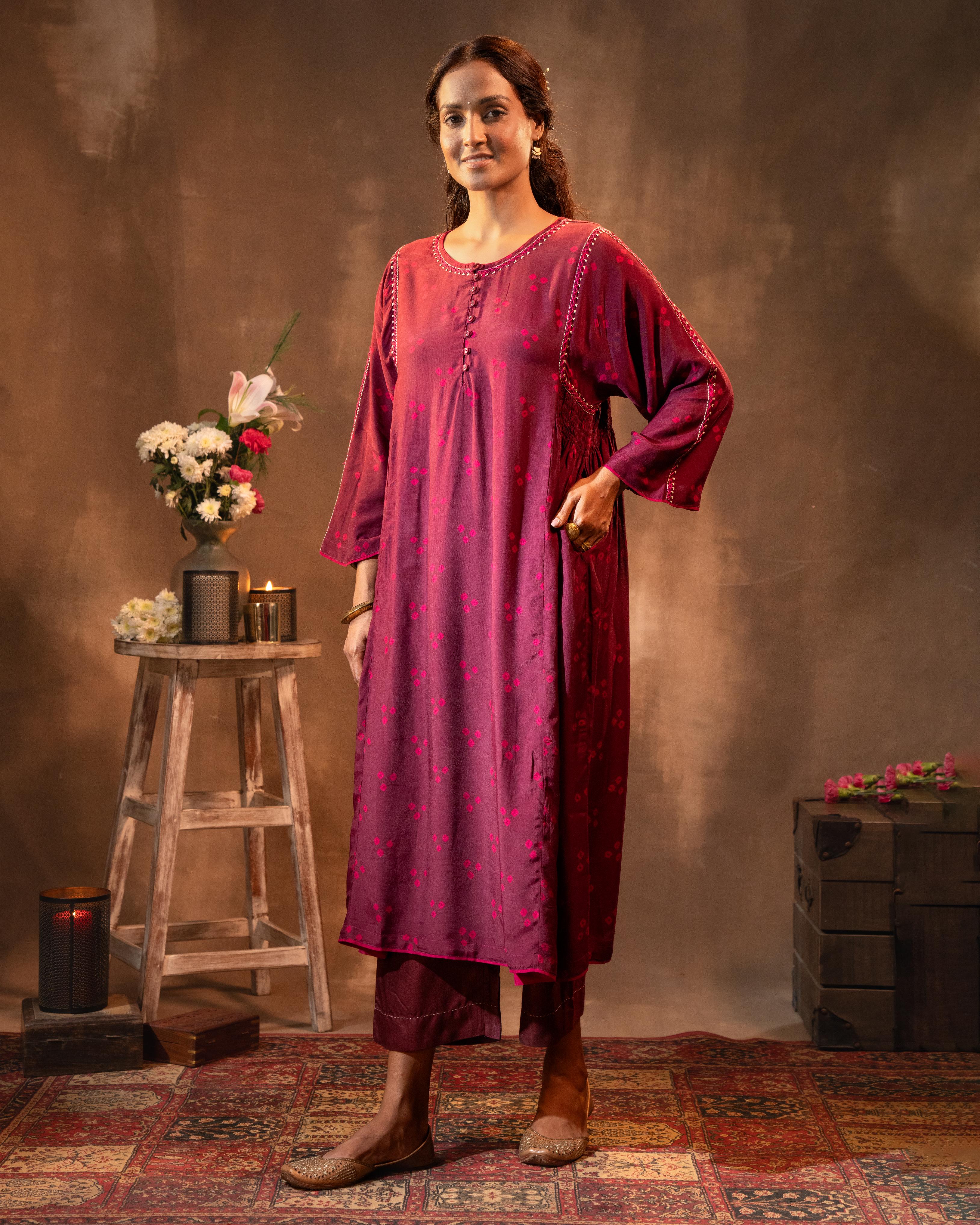 Ruhani Wine Button Down Silk Kurta With Bandhej