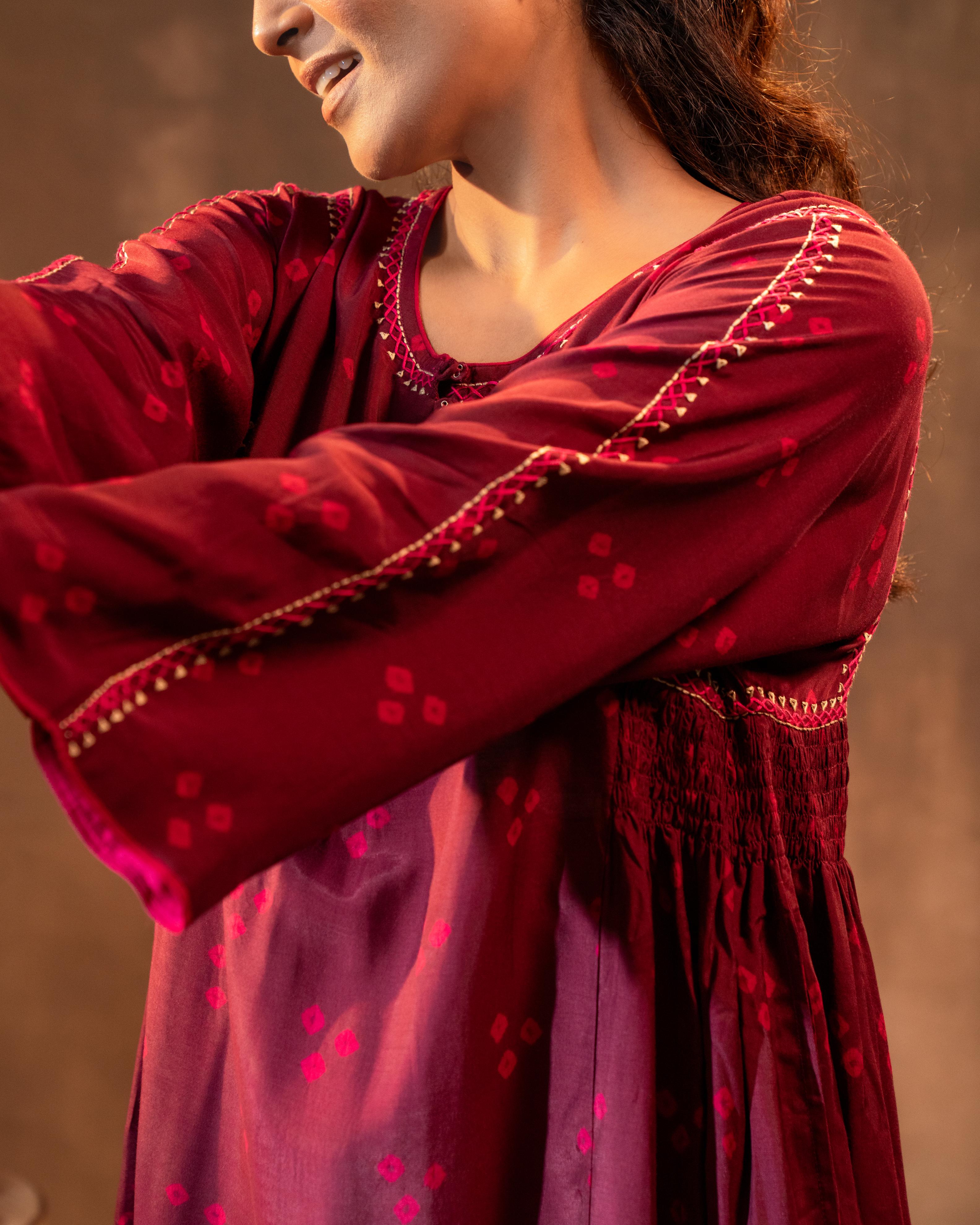 Ruhani Wine Button Down Silk Kurta With Bandhej