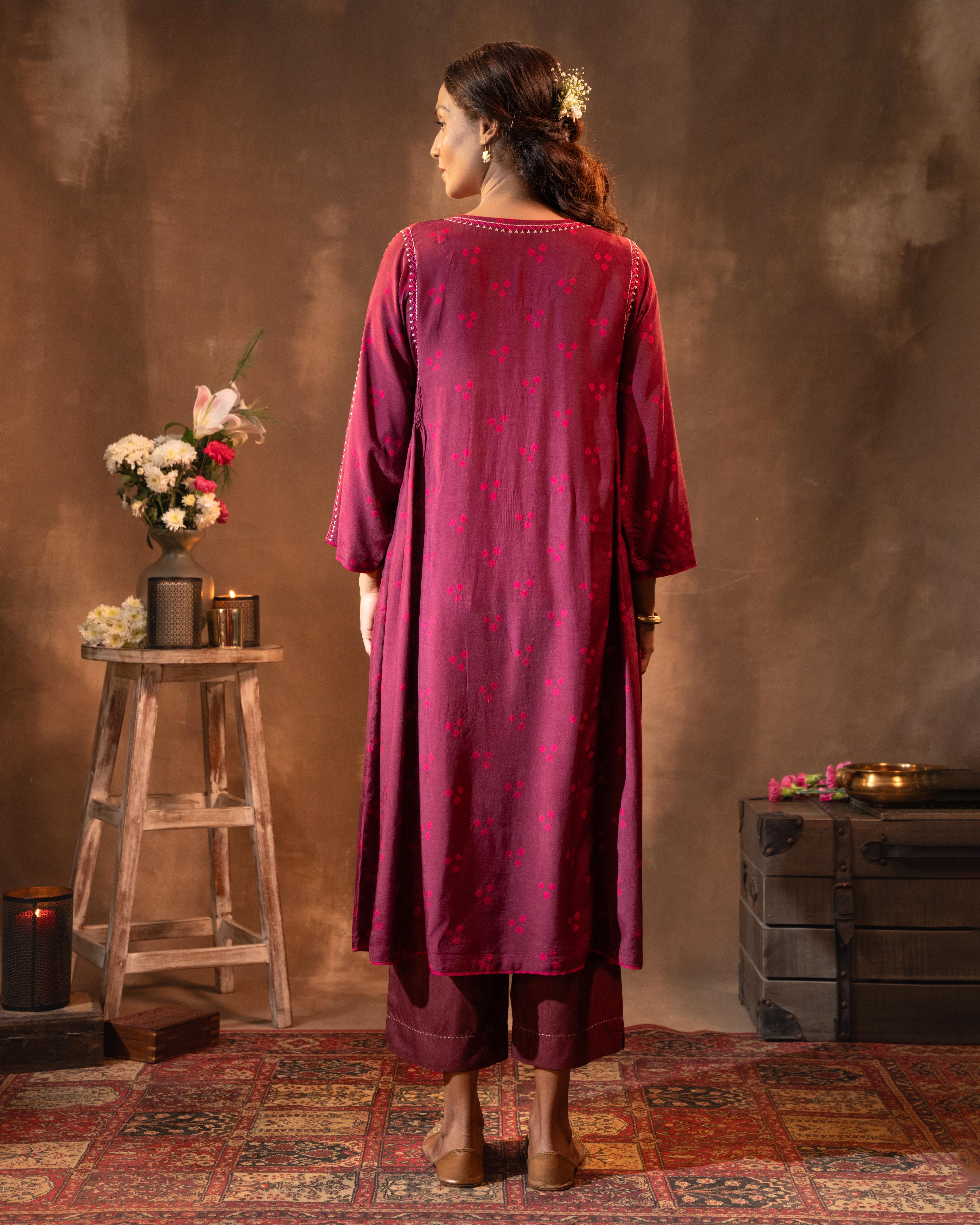 Ruhani Wine Button Down Silk Kurta With Bandhej