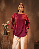 Ruhani Wine Gathered Silk Top With Bandhej