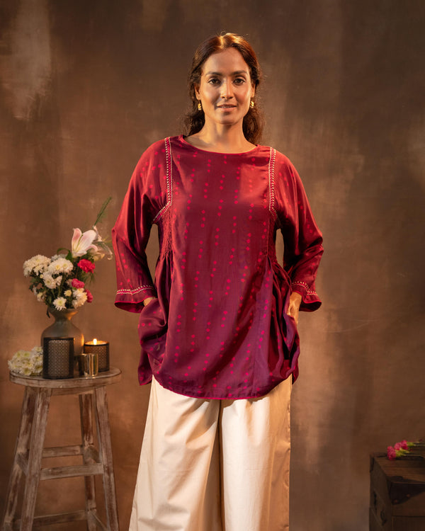 Ruhani Wine Gathered Silk Top With Bandhej