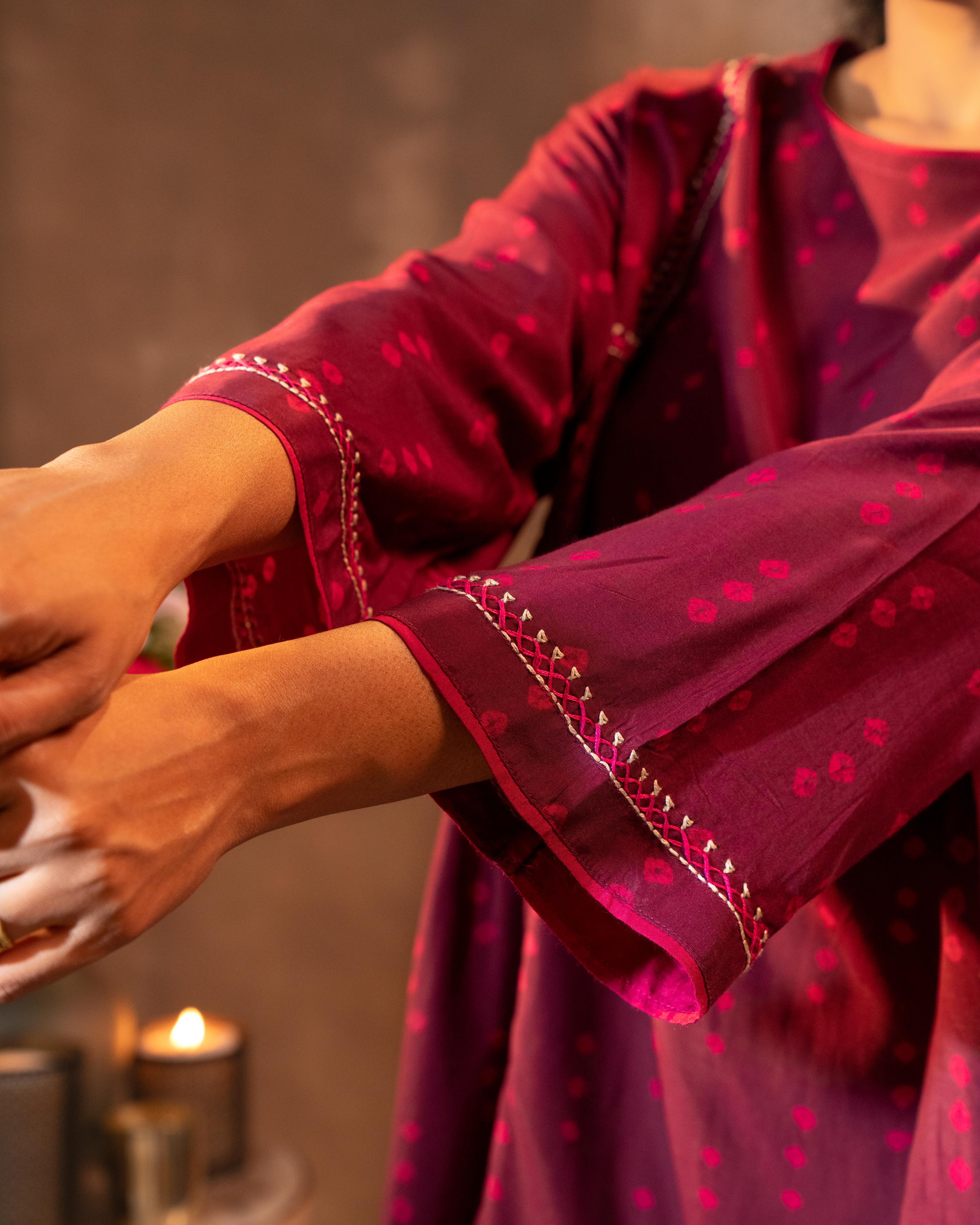 Ruhani Wine Gathered Silk Top With Bandhej