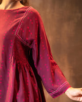 Ruhani Wine Gathered Silk Top With Bandhej