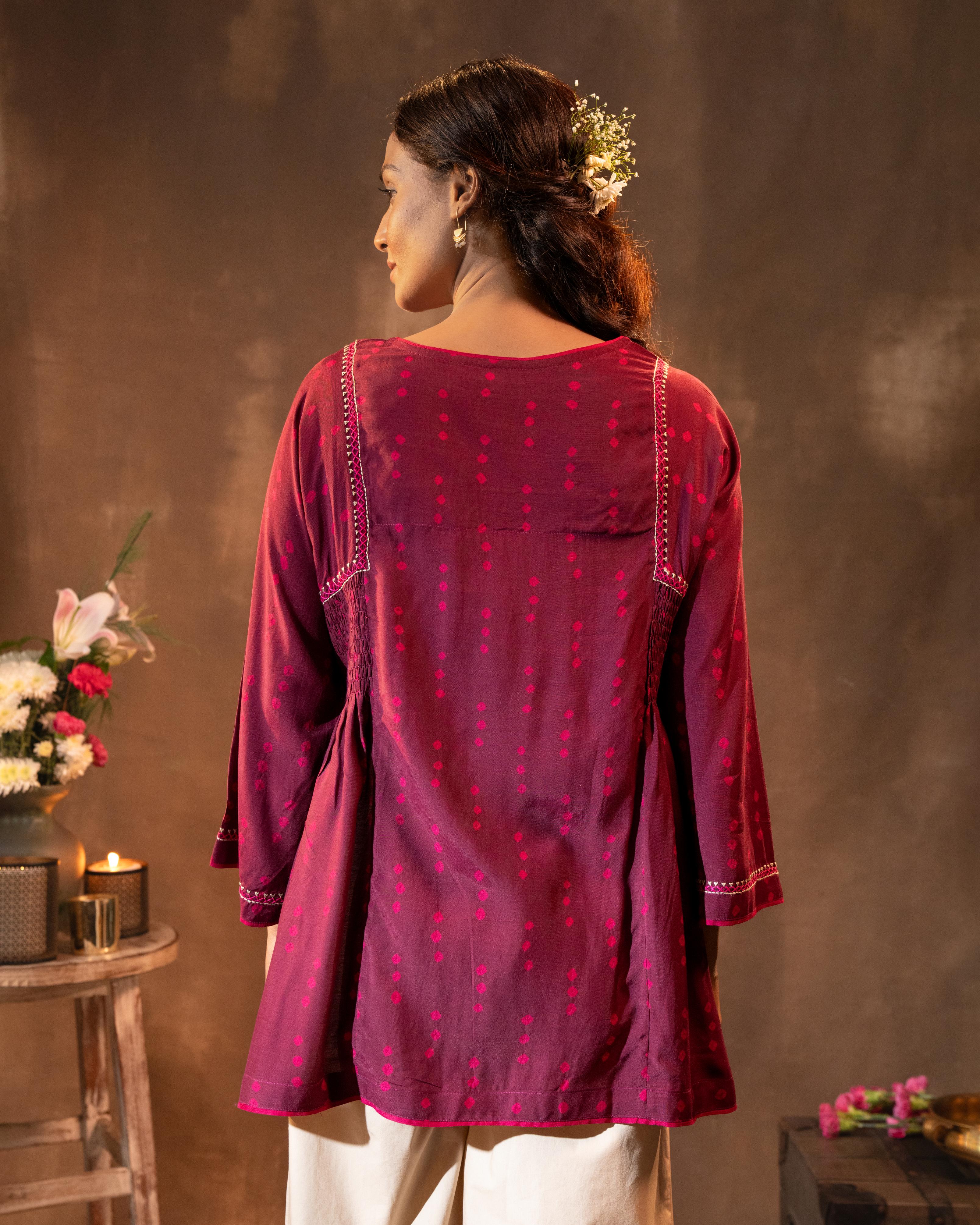 Ruhani Wine Gathered Silk Top With Bandhej