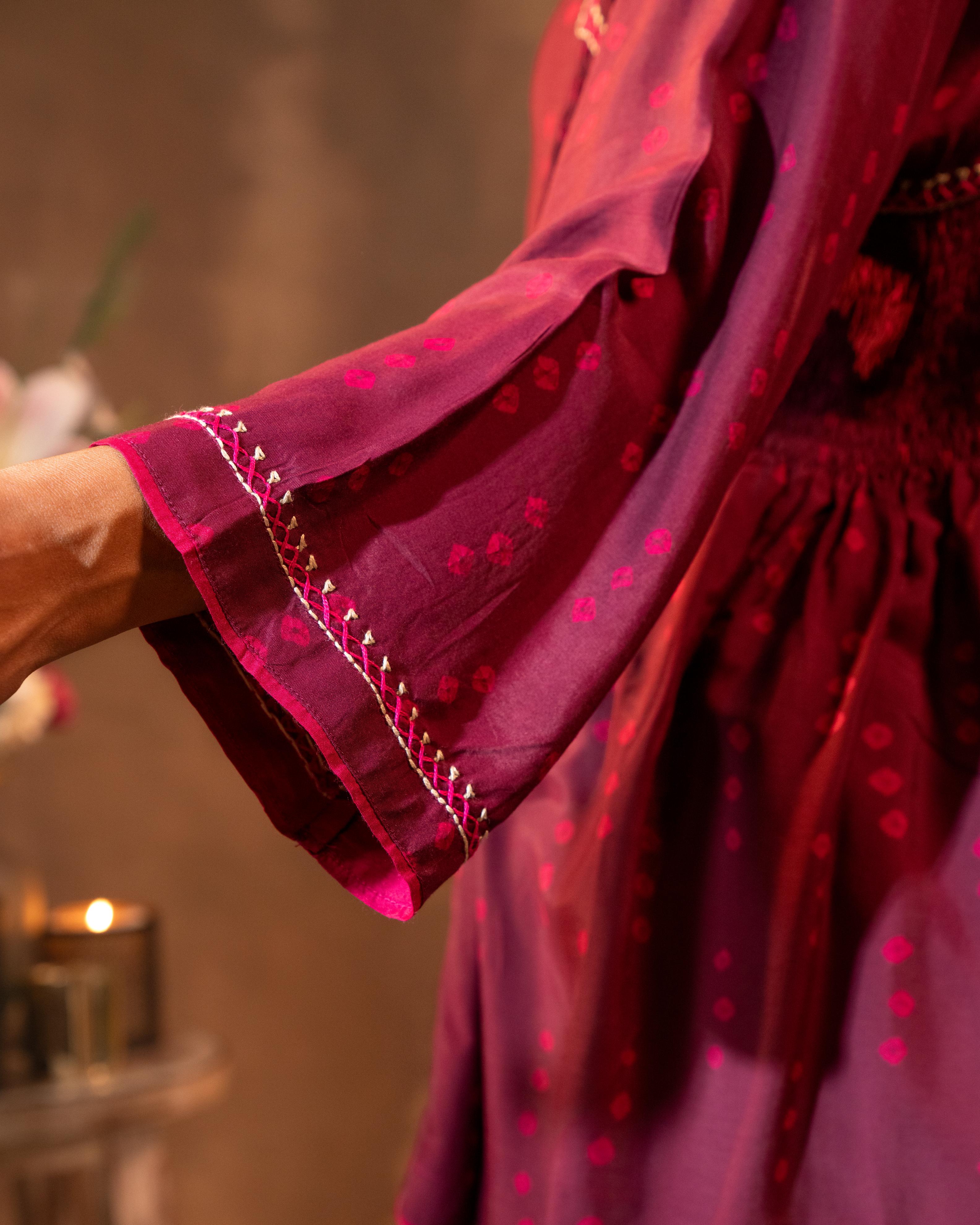 Ruhani Wine Gathered Silk Top With Bandhej