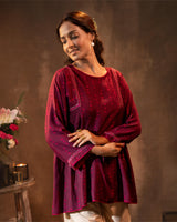 Ruhani Wine Gathered Silk Top With Bandhej