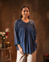 Ruhani Midnight Blue Gathered Silk Top with Bandhej