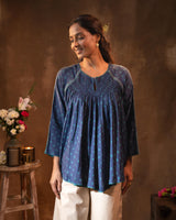 Ruhani Midnight Blue Gathered Silk Top with Bandhej