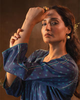 Ruhani Midnight Blue Gathered Silk Top with Bandhej