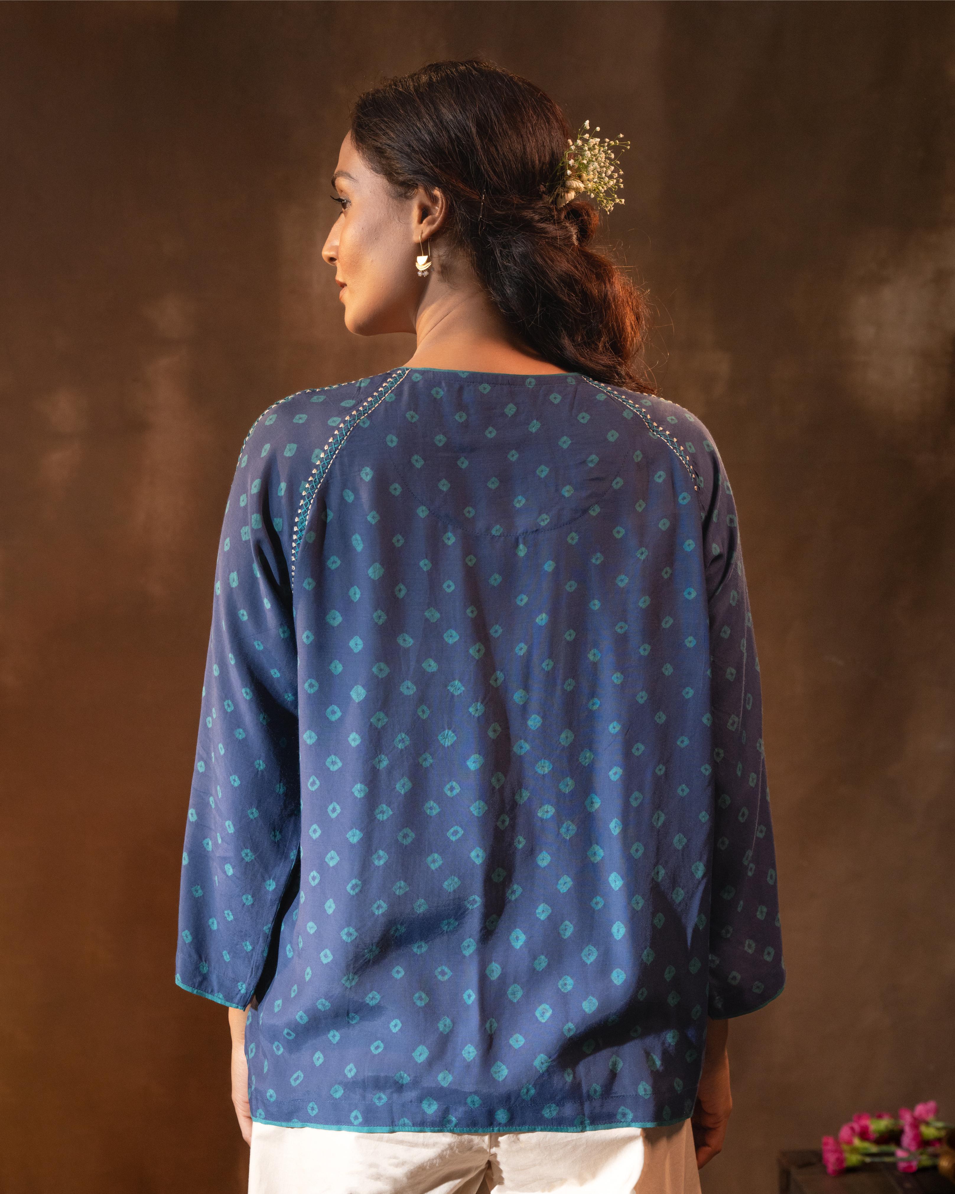 Ruhani Midnight Blue Gathered Silk Top with Bandhej
