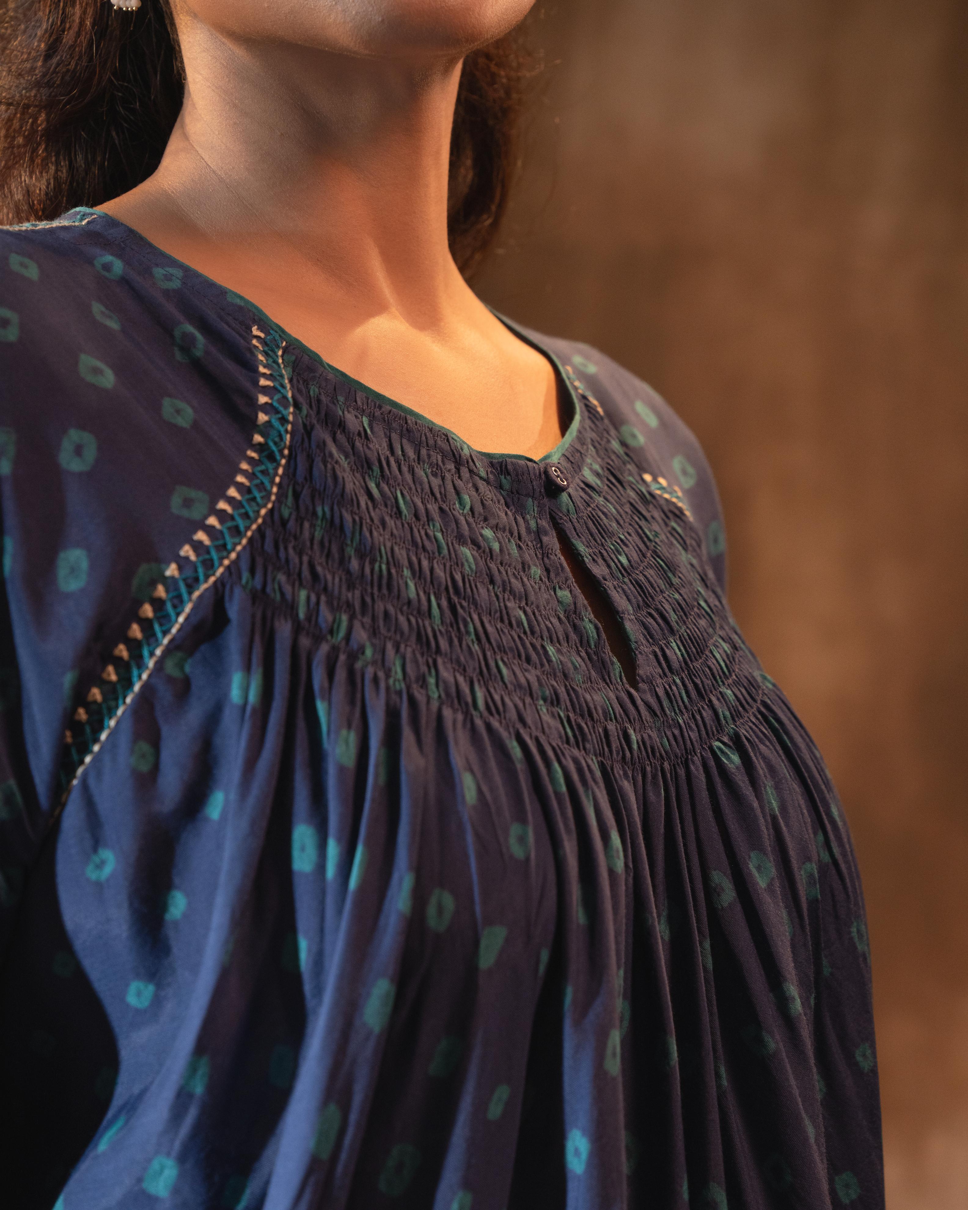 Ruhani Midnight Blue Gathered Silk Top with Bandhej