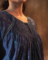 Ruhani Midnight Blue Gathered Silk Top with Bandhej