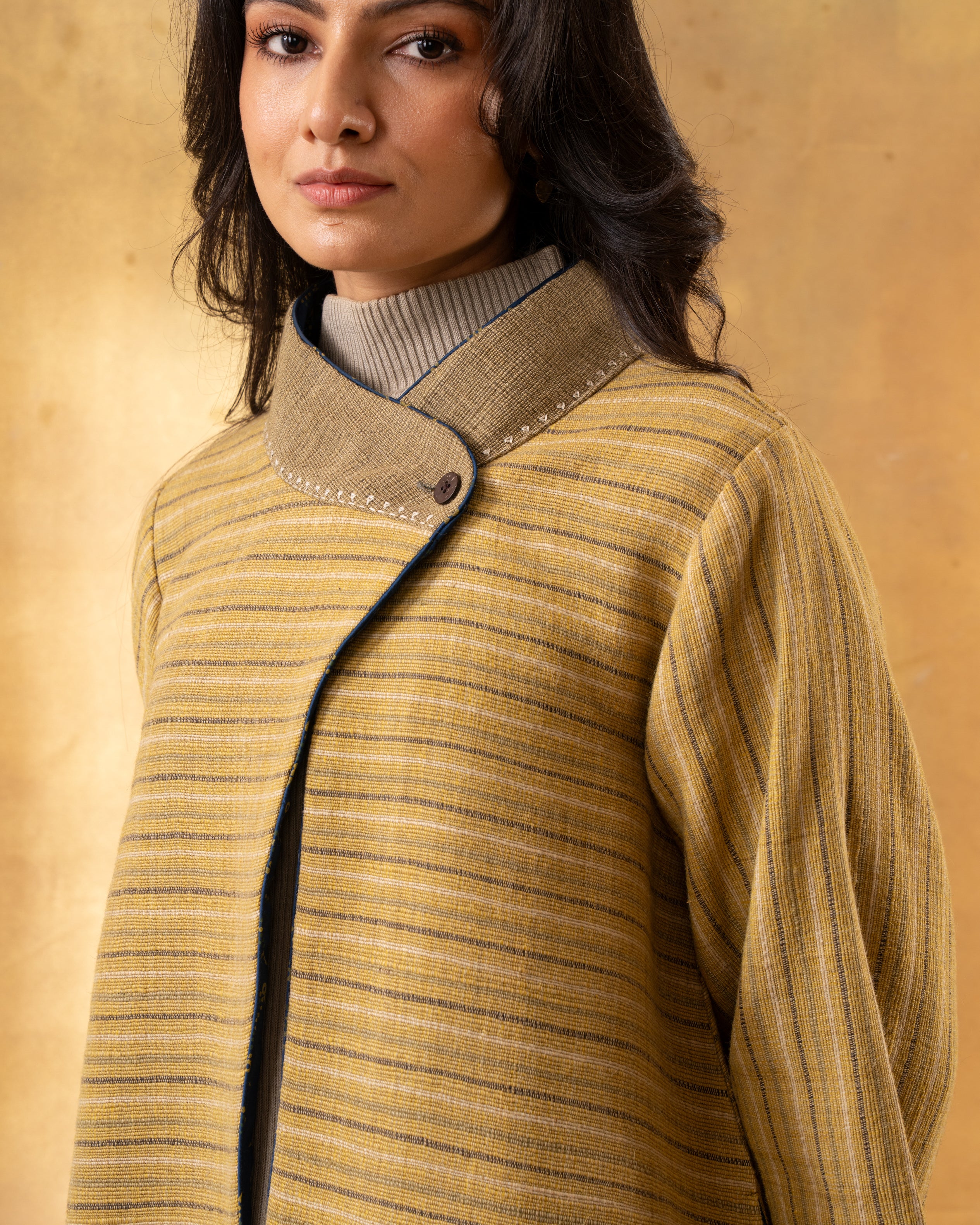 Dhaani Lime Green Striped Handwoven Naturally Dyed Woolen Jacket