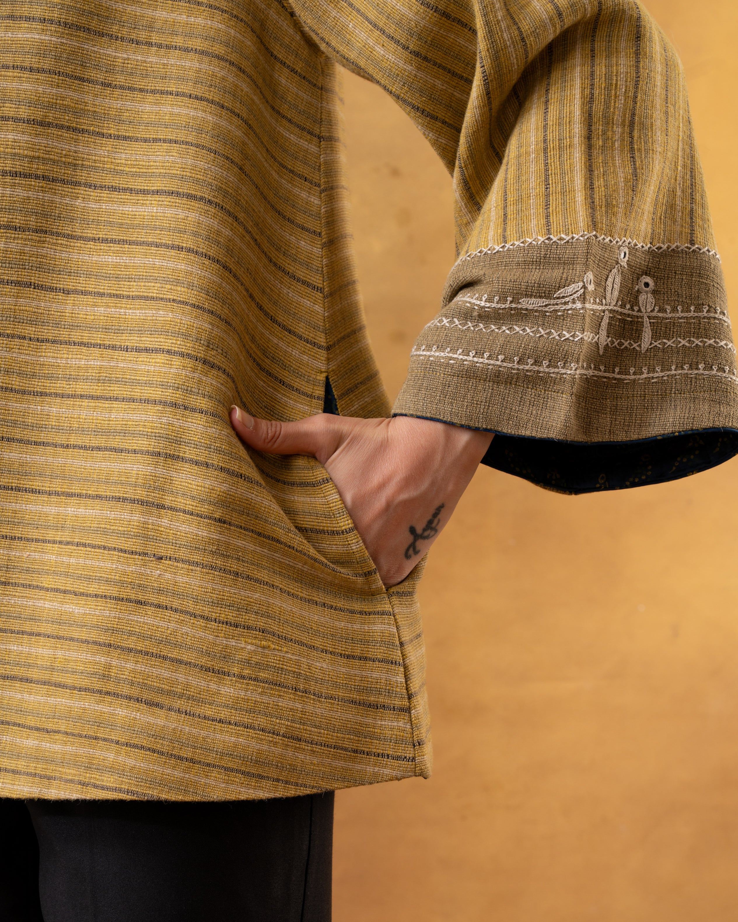 Dhaani Lime Green Striped Handwoven Naturally Dyed Woolen Jacket