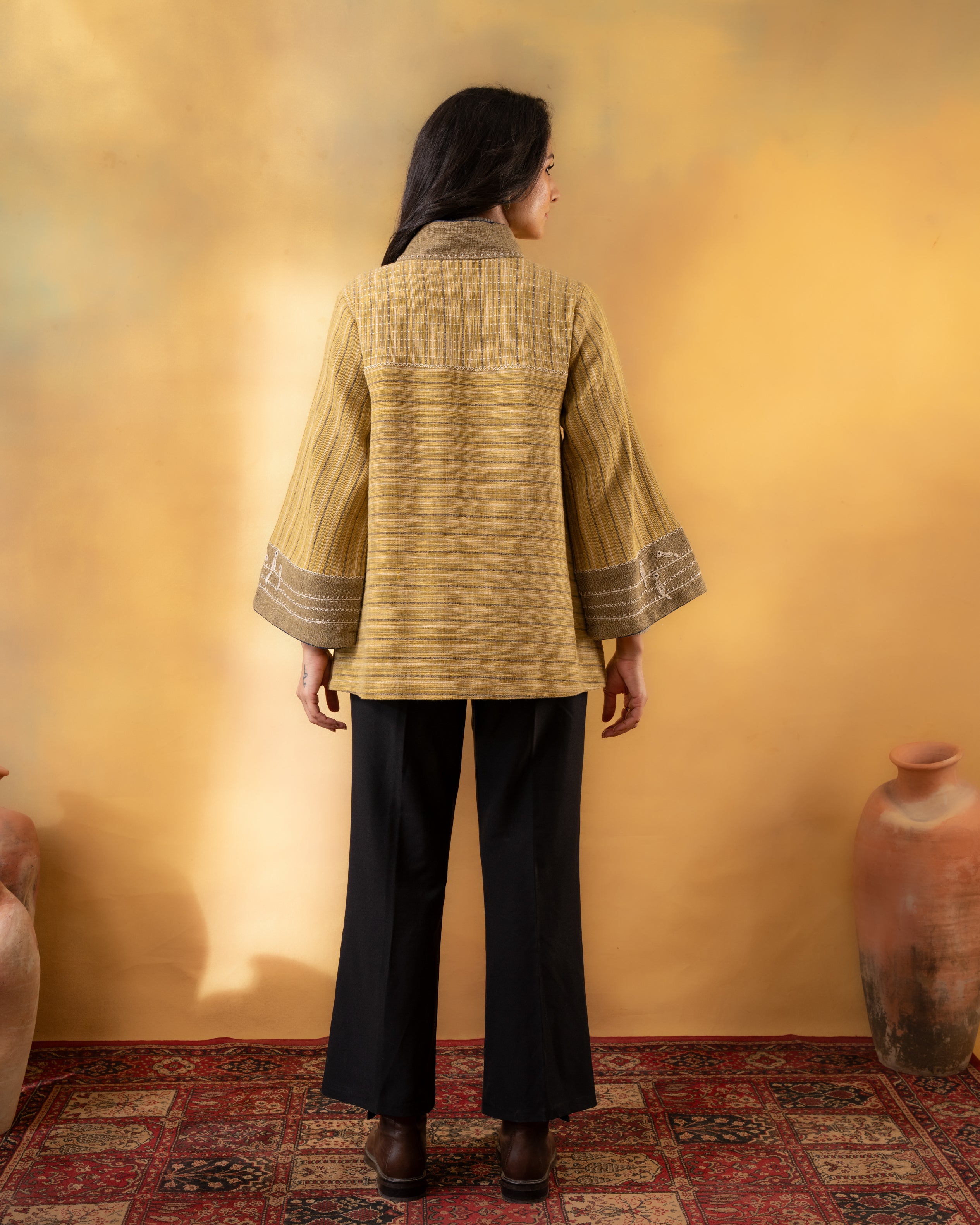 Dhaani Lime Green Striped Handwoven Naturally Dyed Woolen Jacket