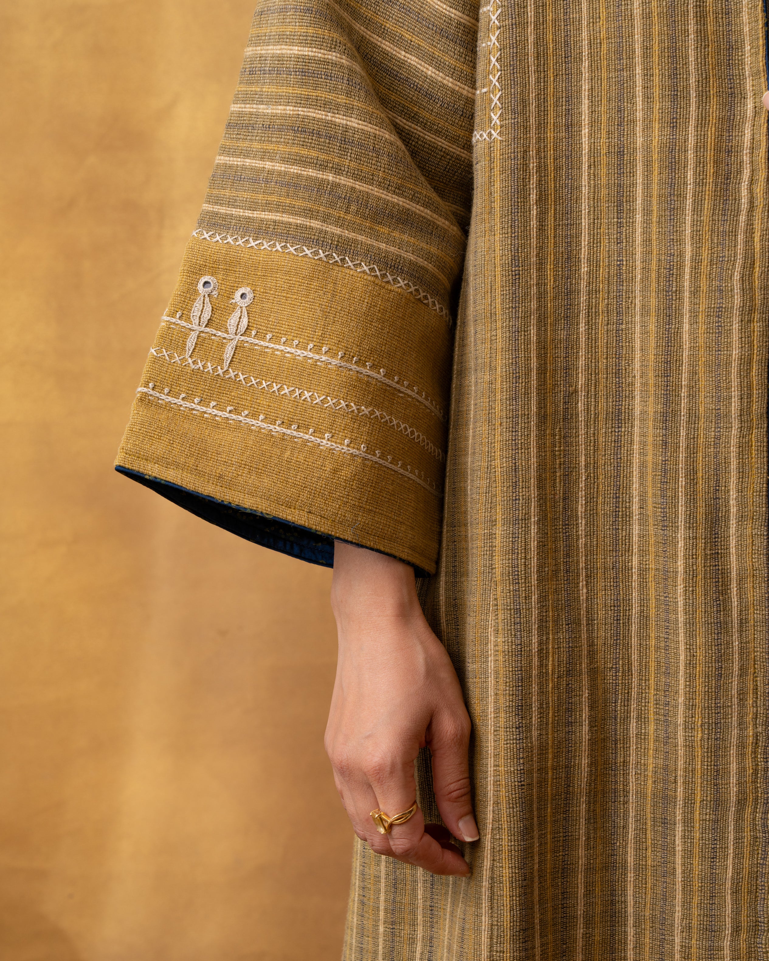 Dhaani Olive Green Handwoven Naturally Dyed Woolen Long Jacket