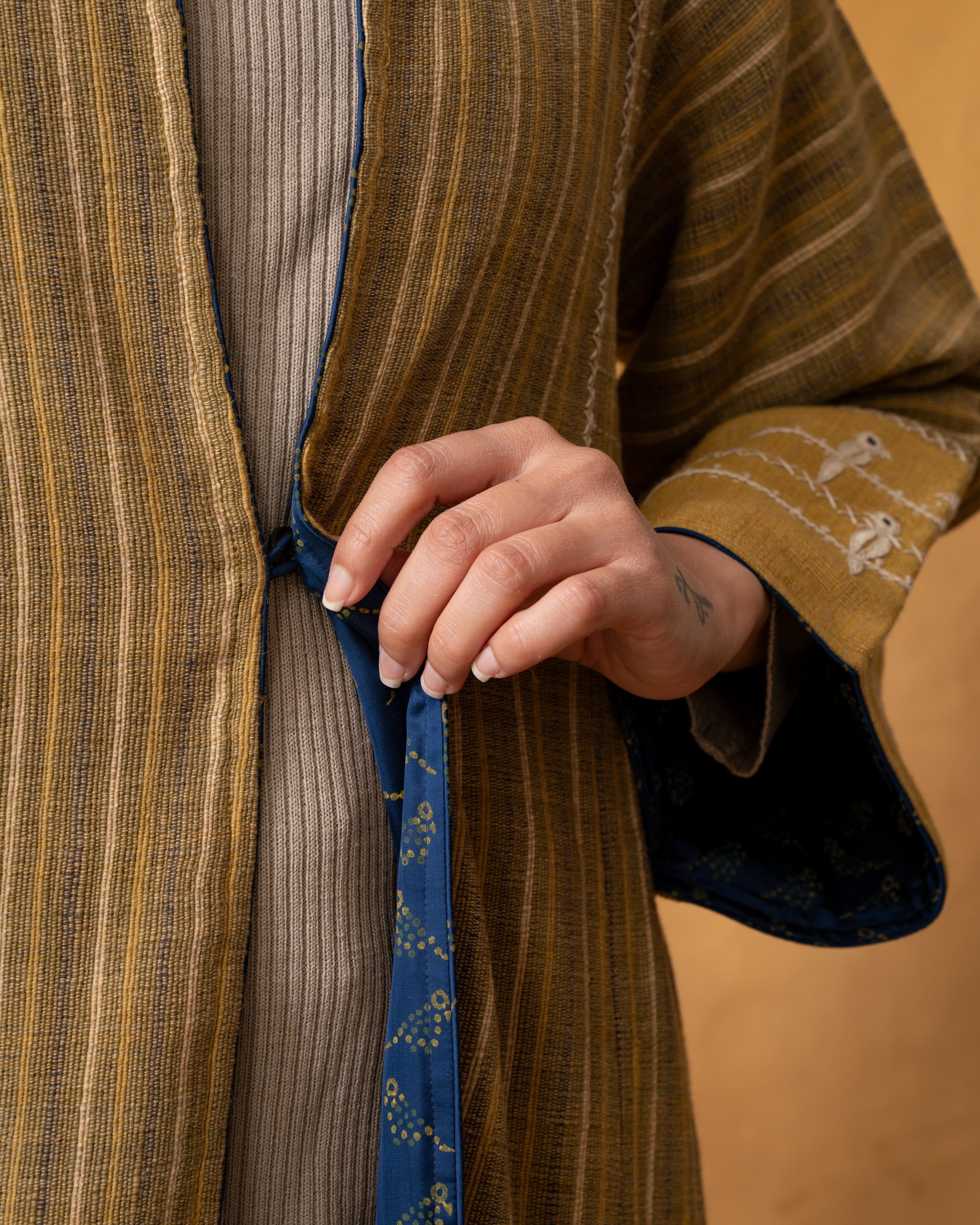 Dhaani Olive Green Handwoven Naturally Dyed Woolen Long Jacket