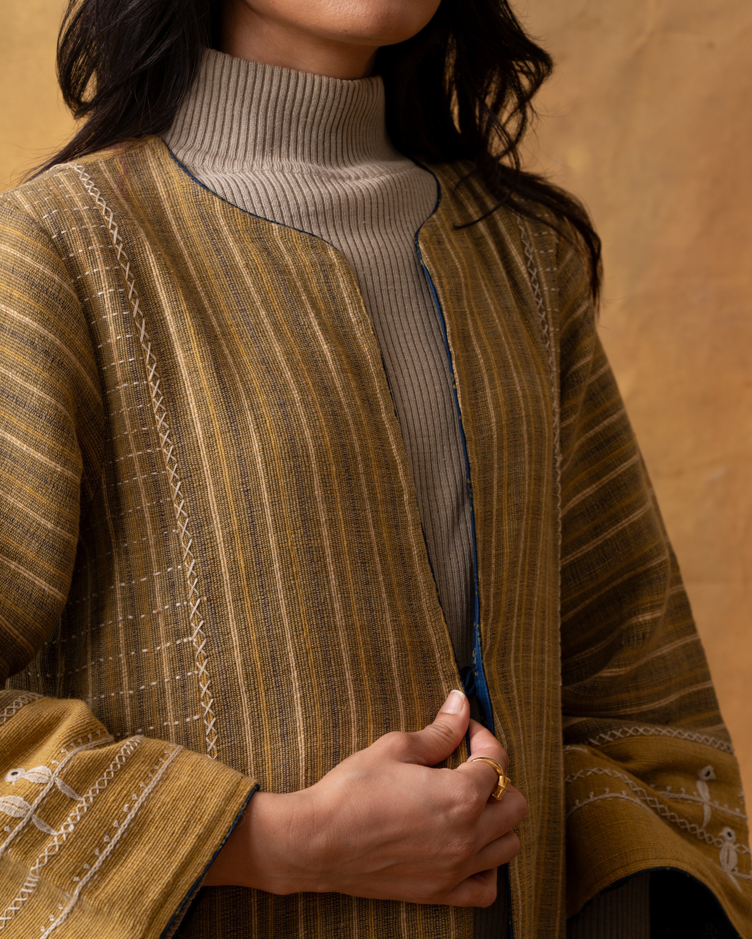 Dhaani Olive Green Handwoven Naturally Dyed Woolen Long Jacket