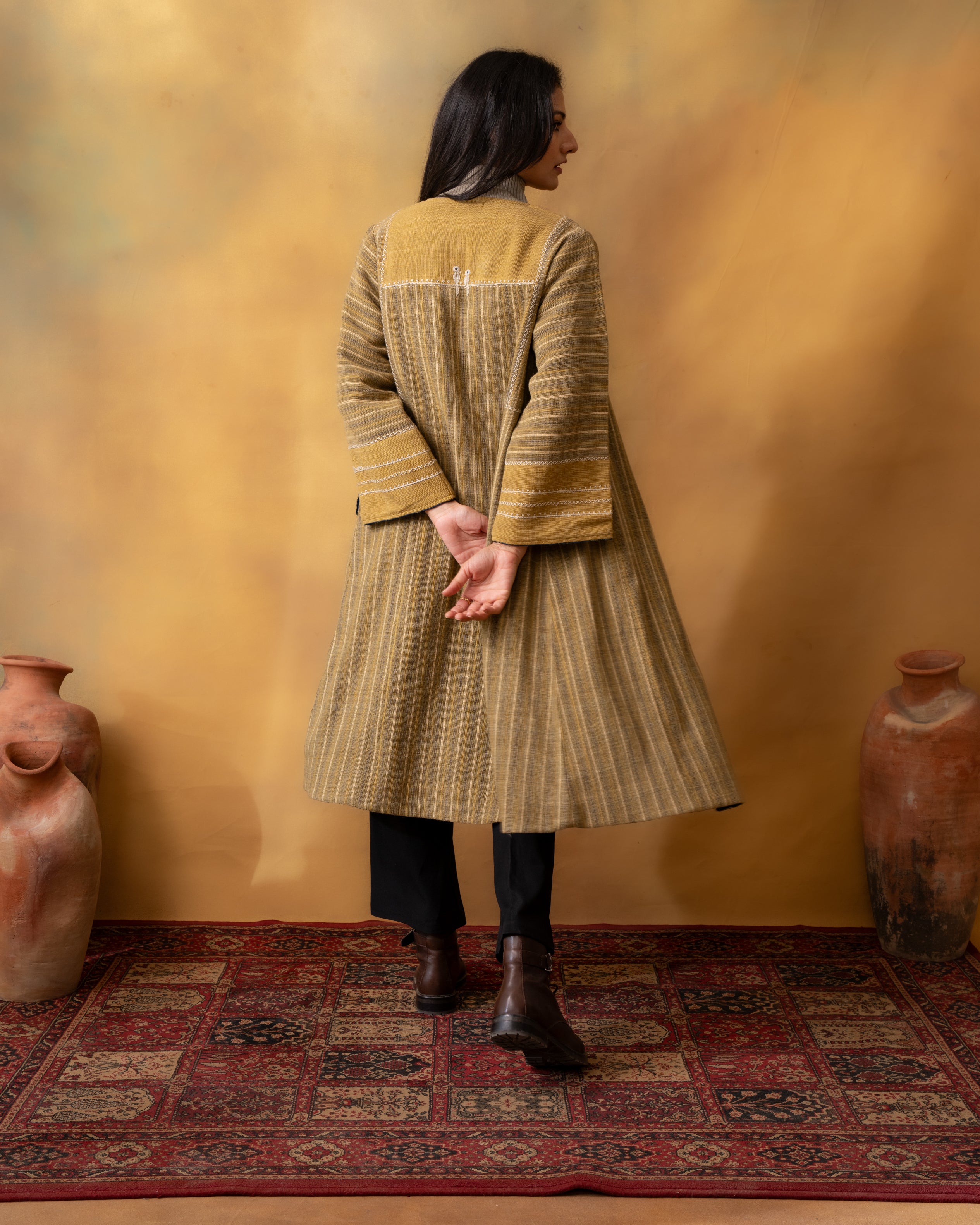 Dhaani Olive Green Handwoven Naturally Dyed Woolen Long Jacket