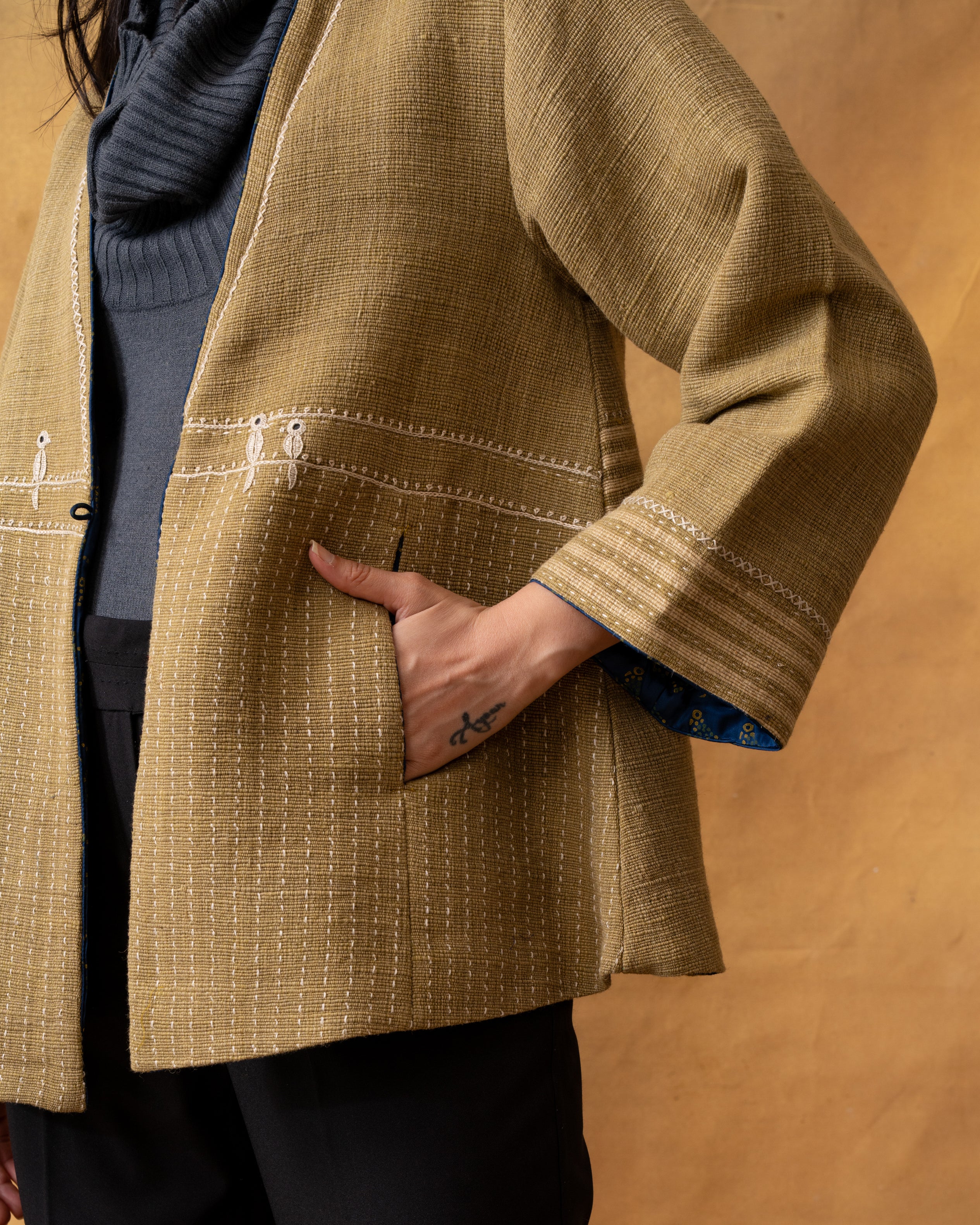 Dhaani Olive Green Handwoven Naturally Dyed Woolen Short Jacket