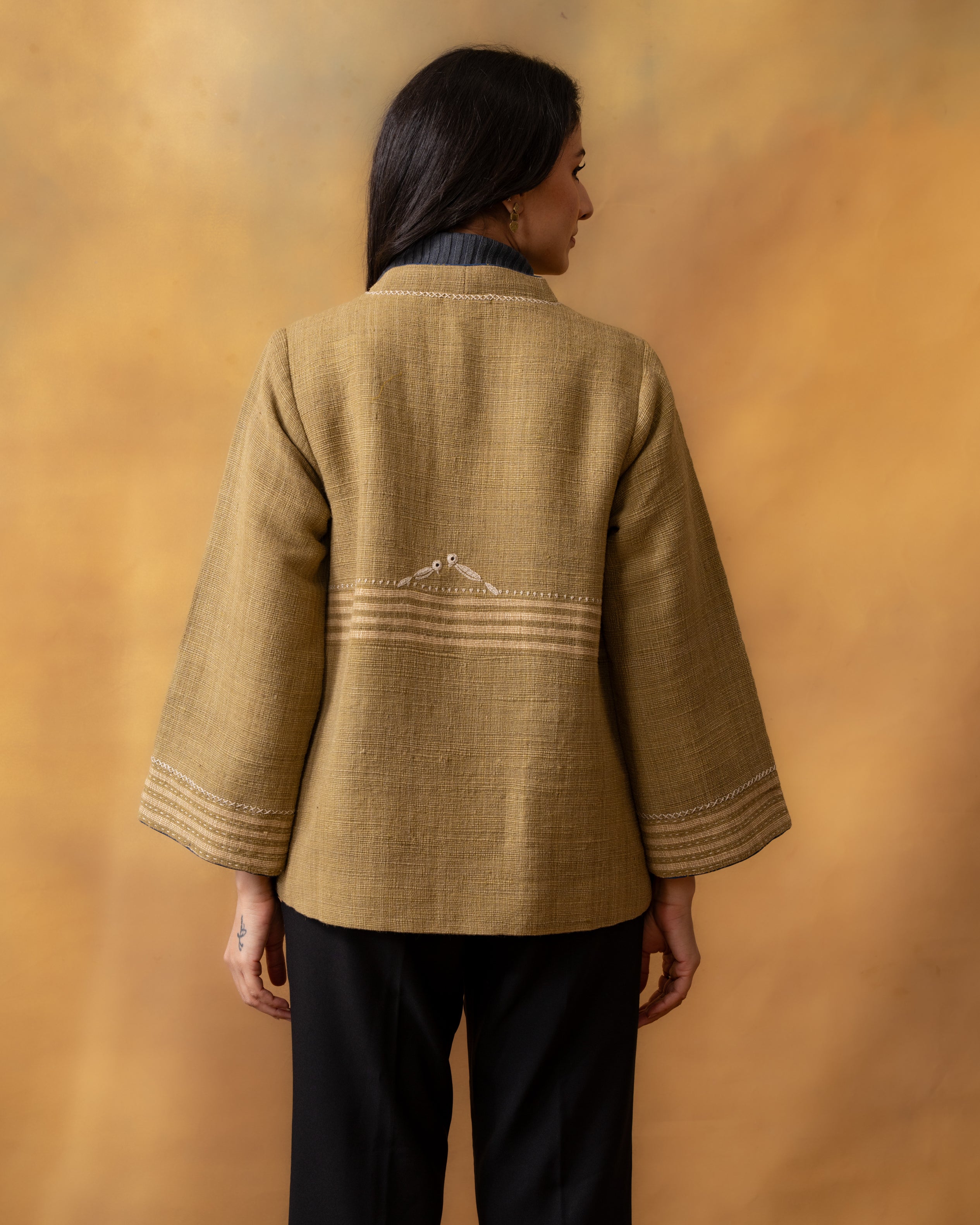 Dhaani Olive Green Handwoven Naturally Dyed Woolen Short Jacket