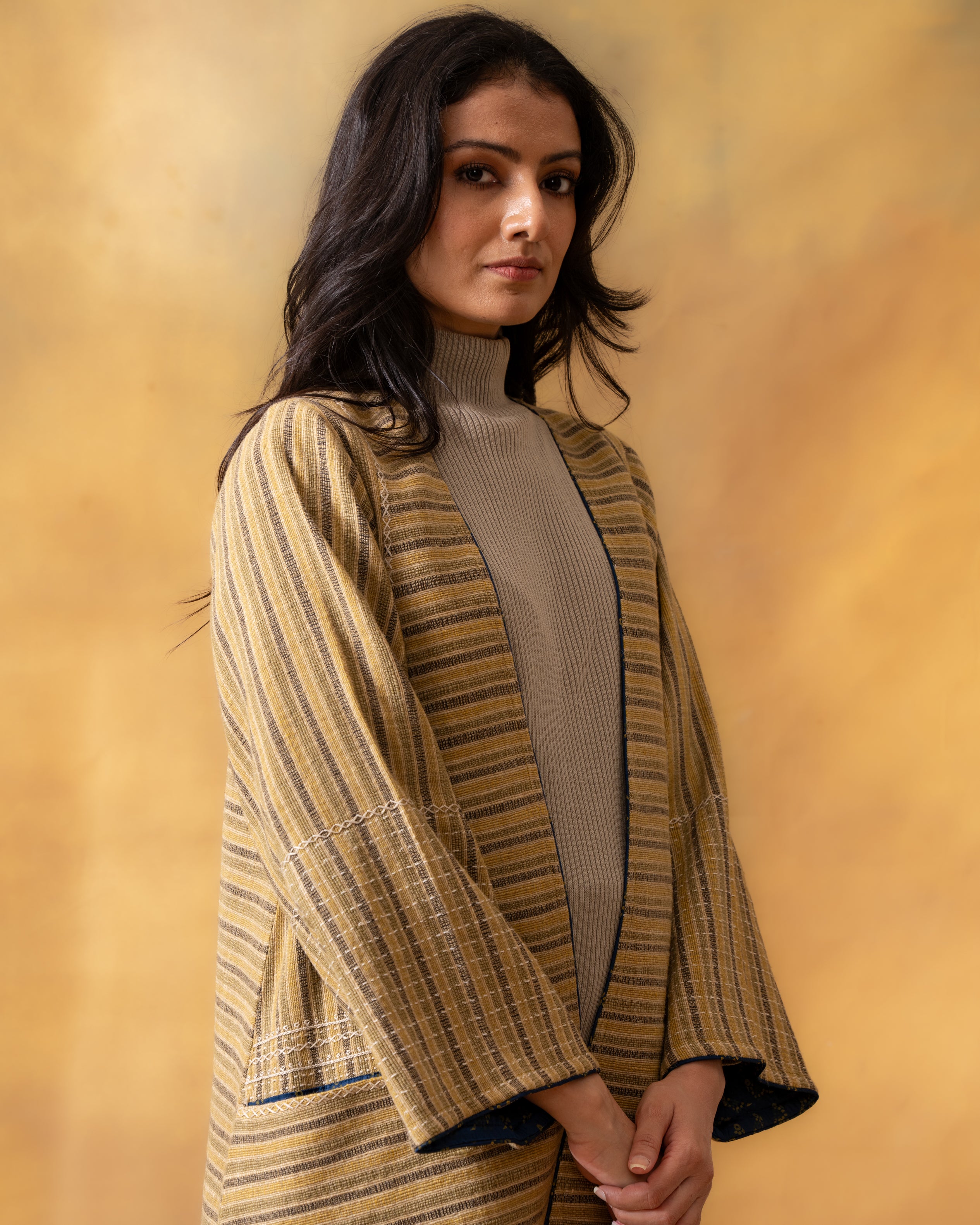 Dhaani Olive Green Handwoven Naturally Dyed Woolen Kimono Jacket