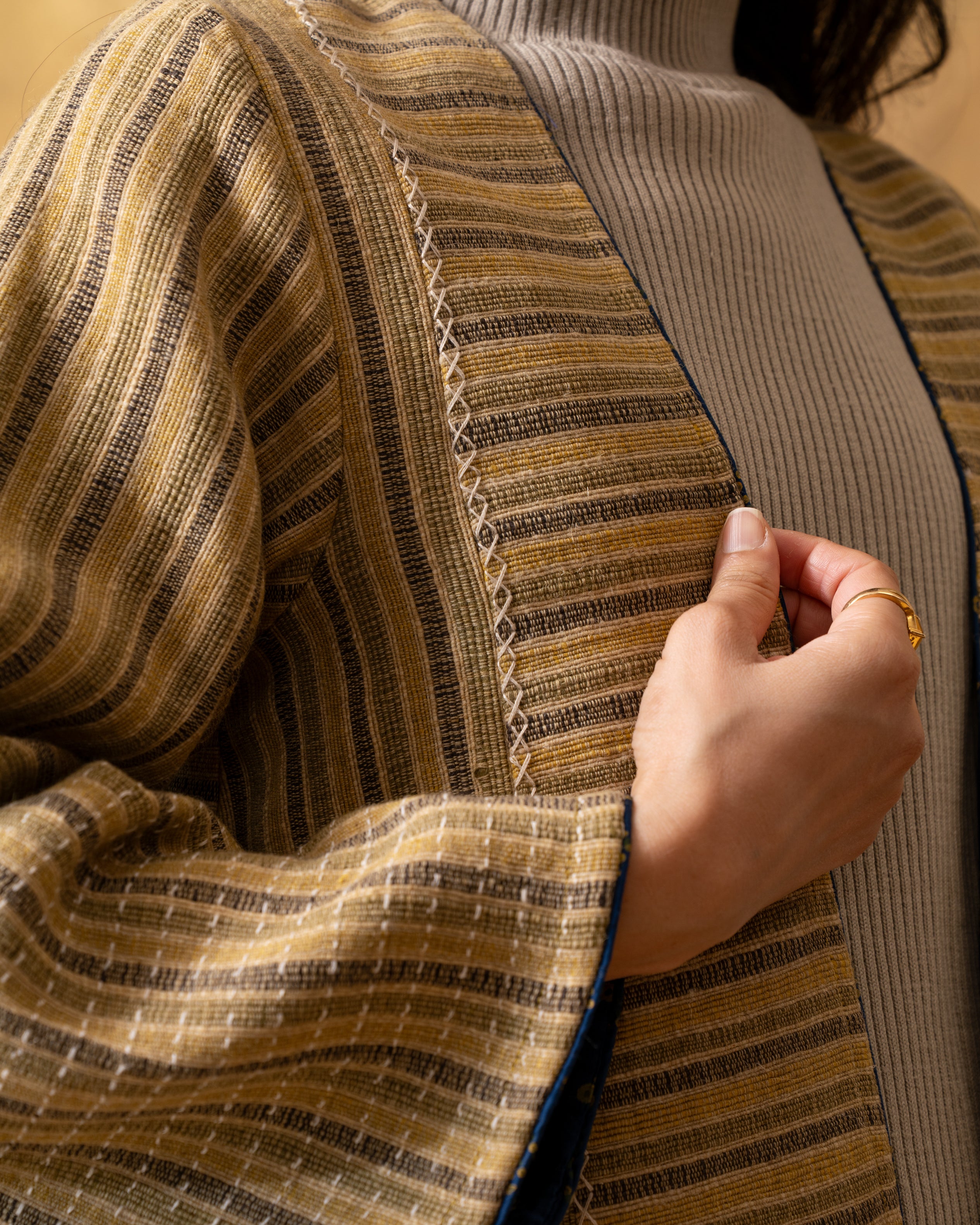 Dhaani Olive Green Handwoven Naturally Dyed Woolen Kimono Jacket