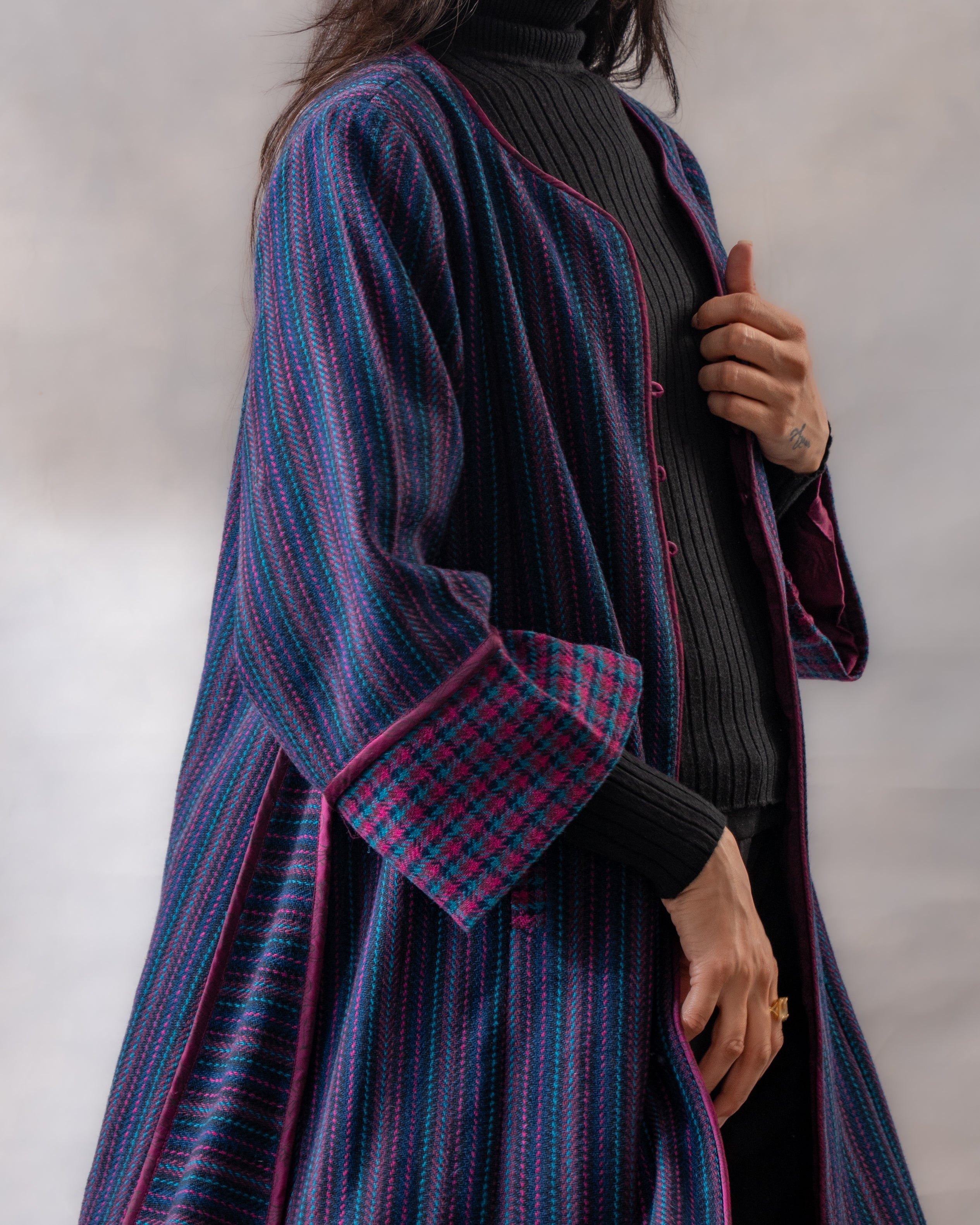 Gurez Blue Striped Handwoven Woolen Long Jacket