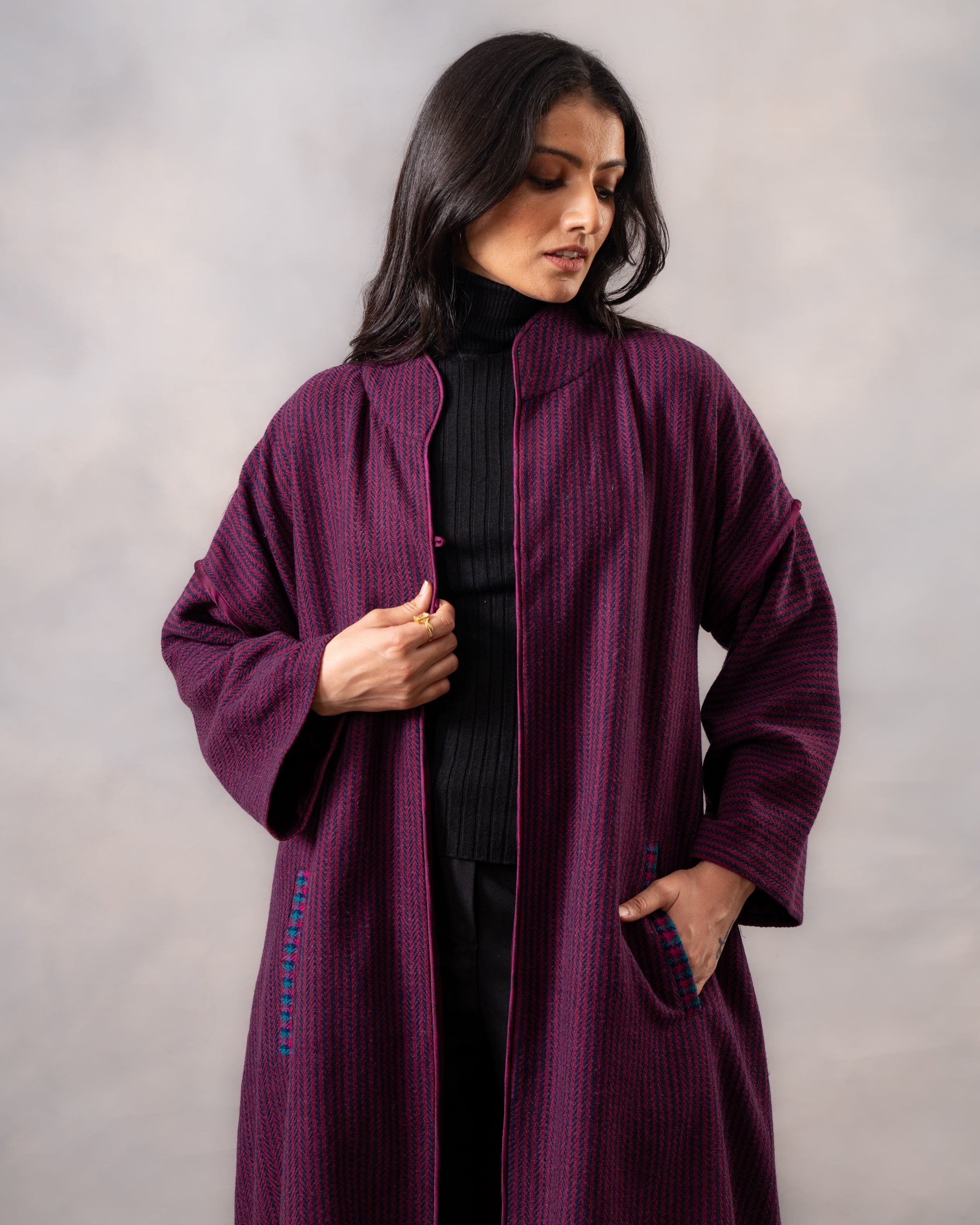 Gurez Wine Striped Handwoven Woolen Long Jacket