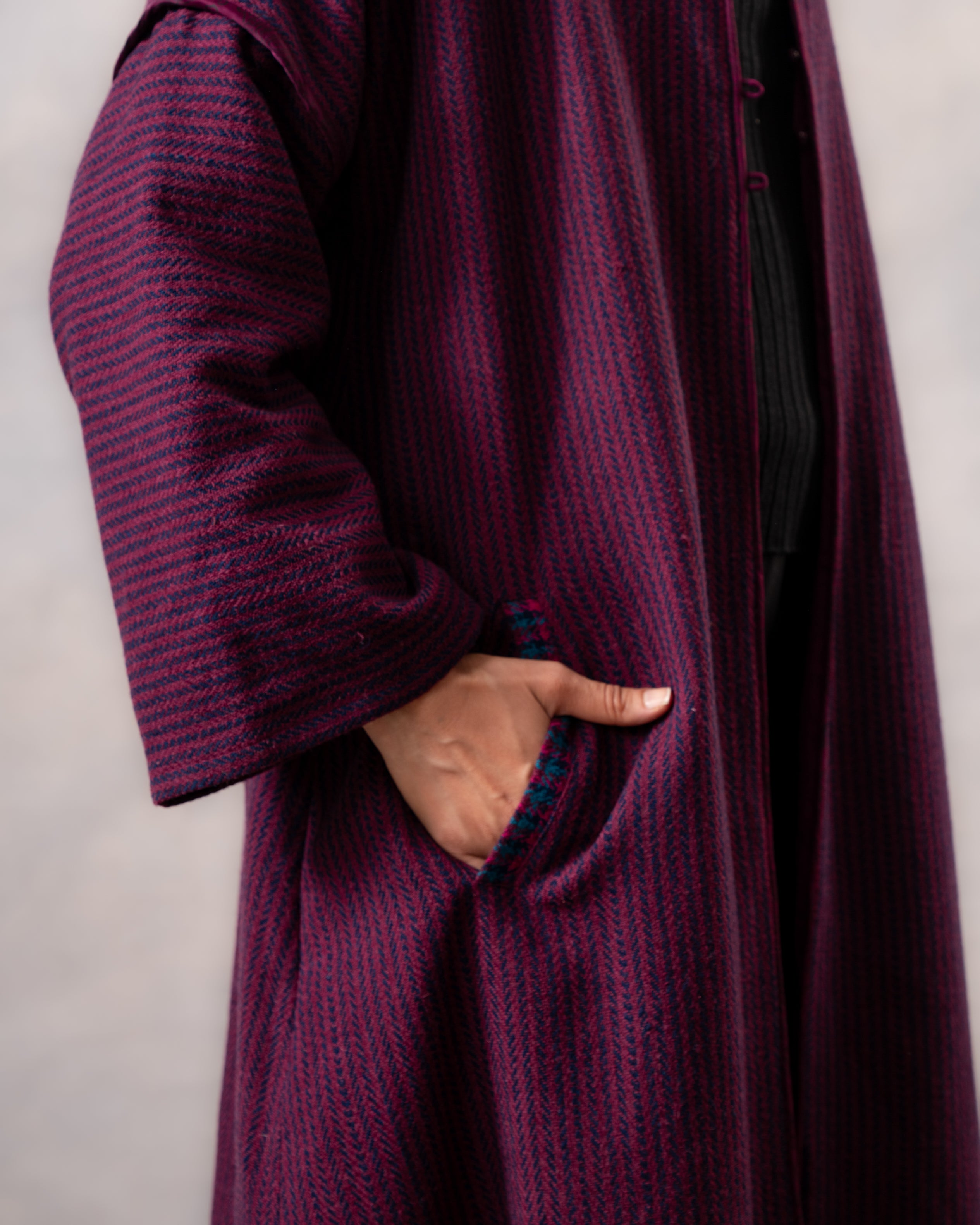 Gurez Wine Striped Handwoven Woolen Long Jacket
