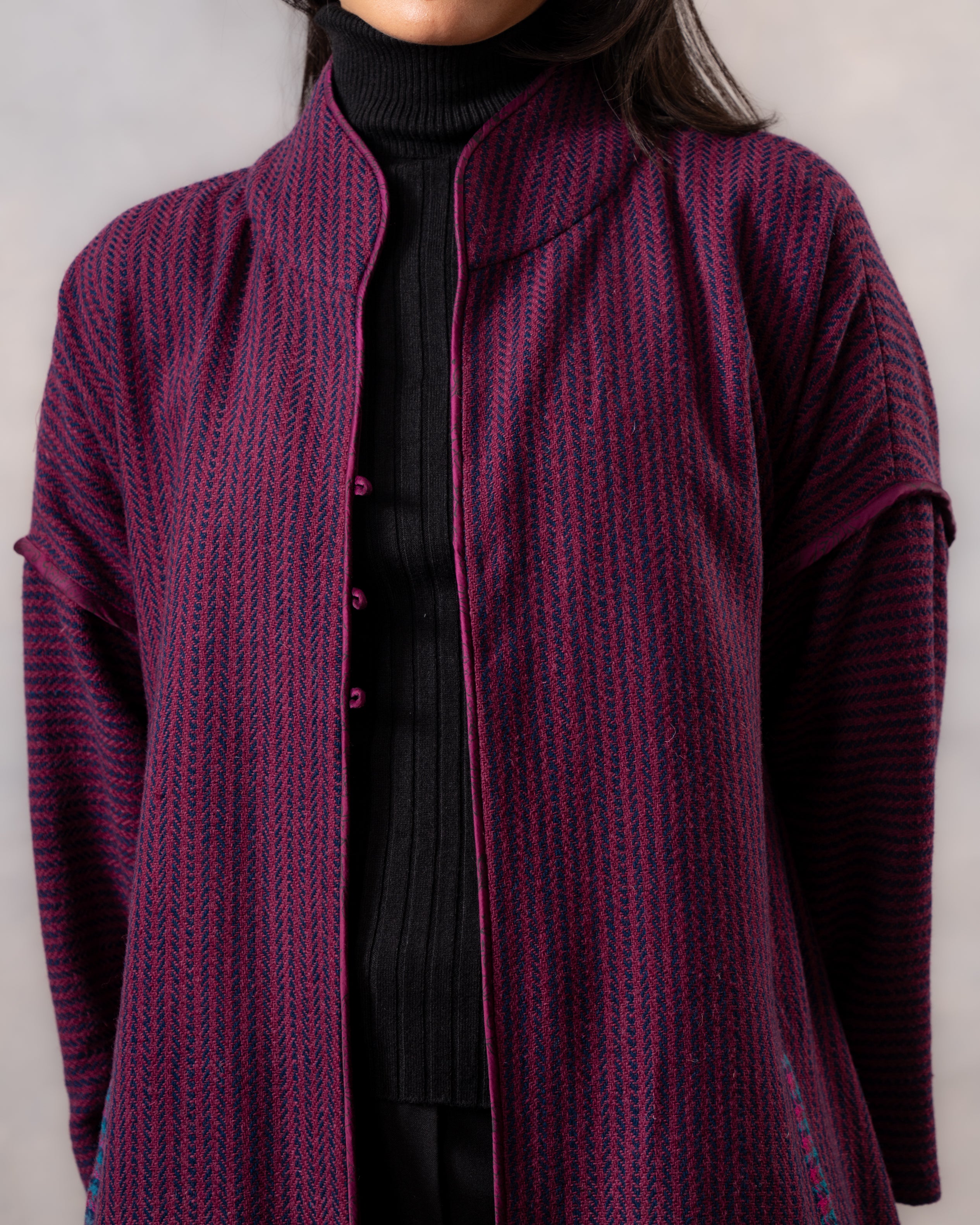 Gurez Wine Striped Handwoven Woolen Long Jacket