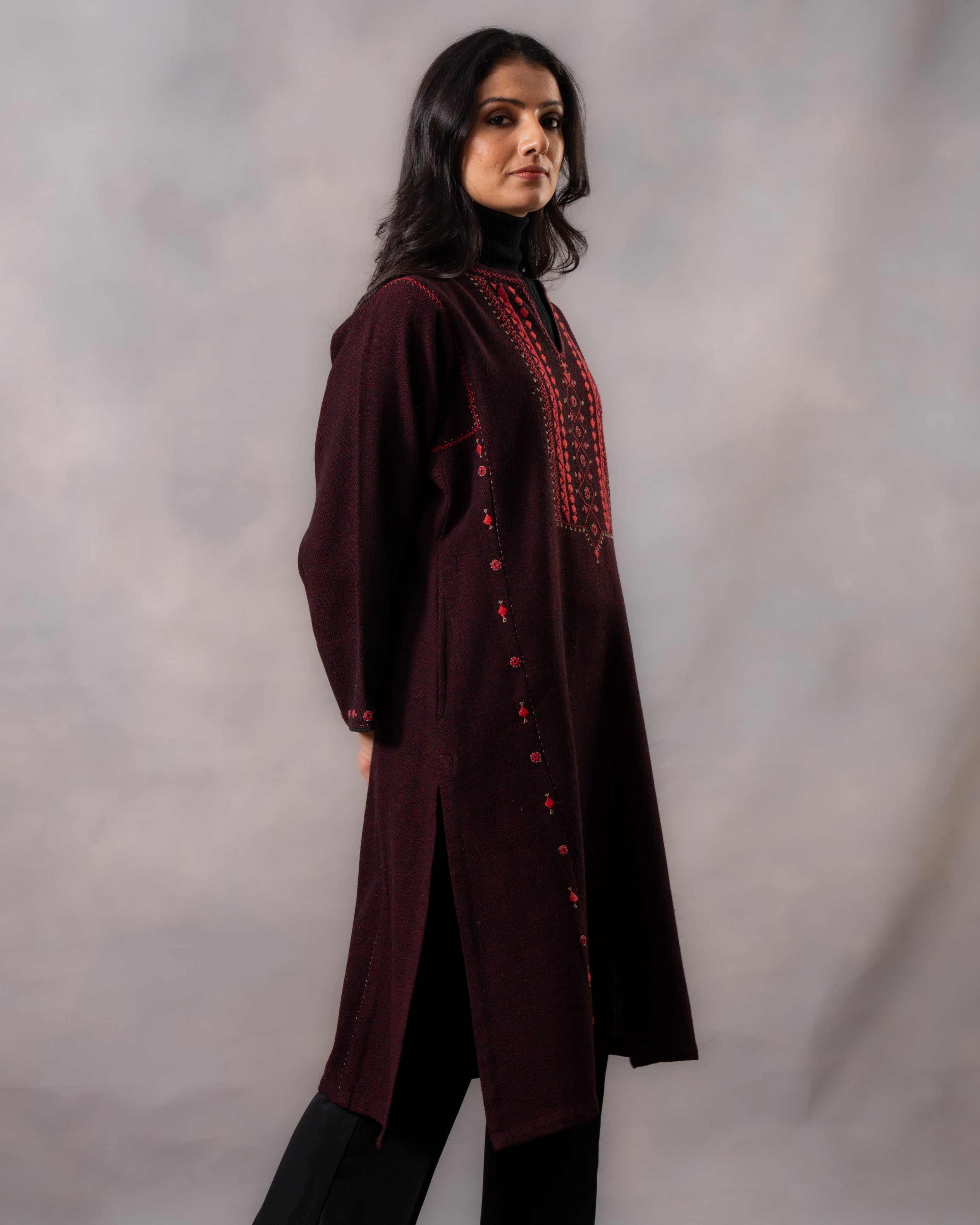 Gurez Garnet Handwoven Woolen Phiran with Soof Embroidery