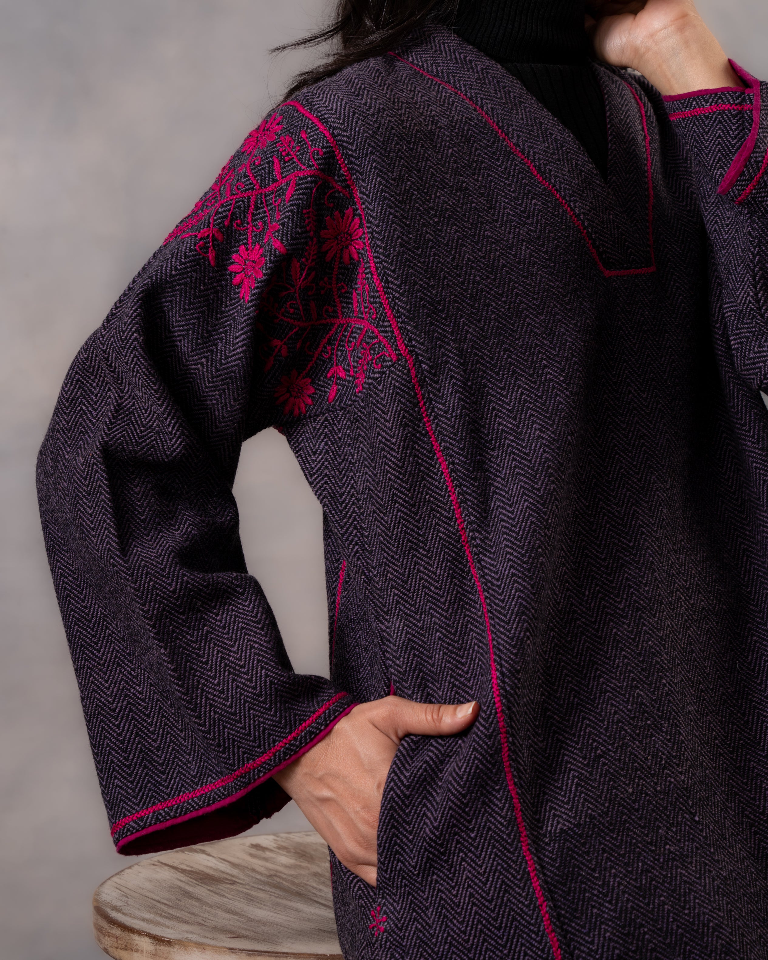 Gurez  Purple-Rapsody Handwoven Woolen Phiran with Chikankari Hand Embroidery