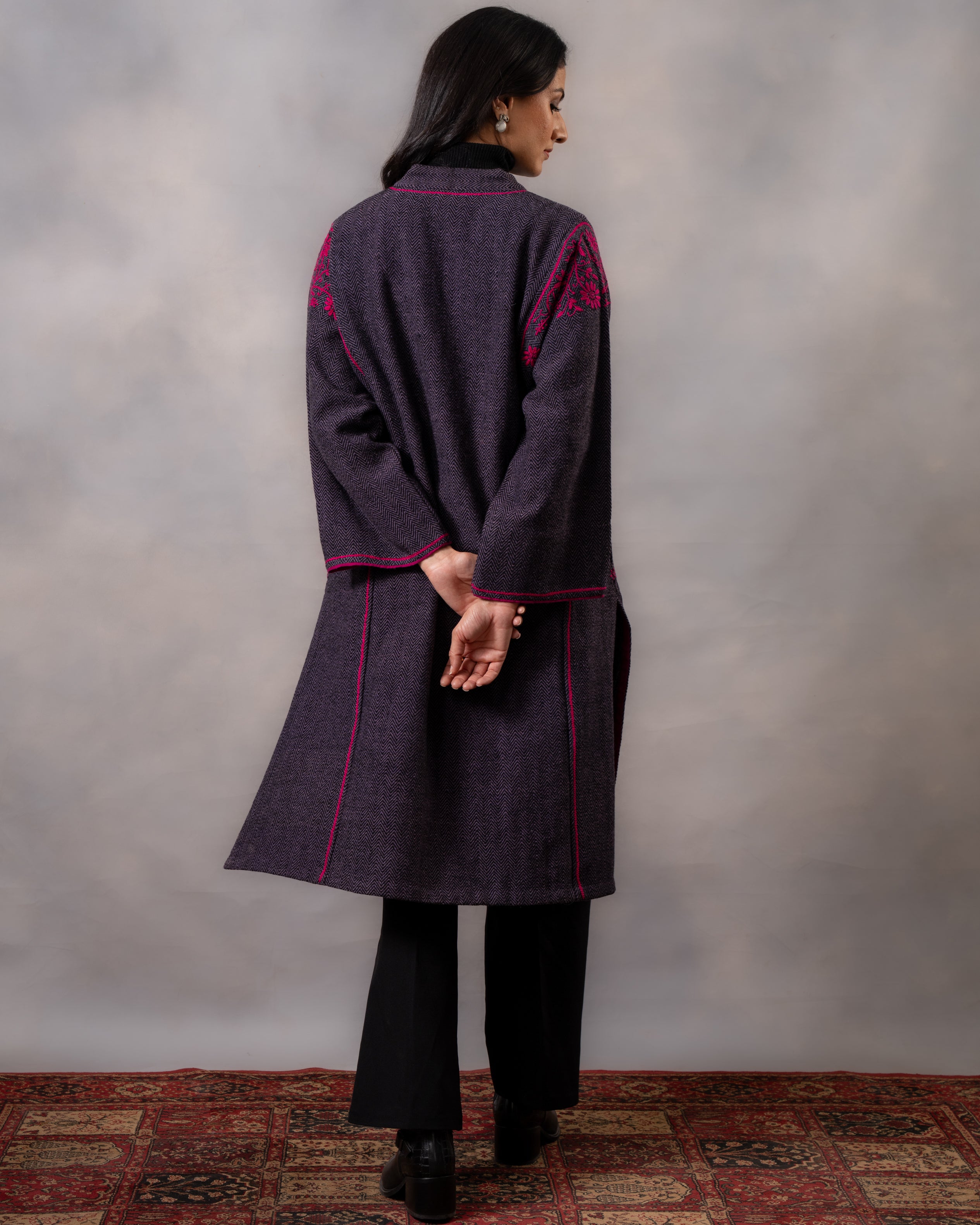 Gurez  Purple-Rapsody Handwoven Woolen Phiran with Chikankari Hand Embroidery