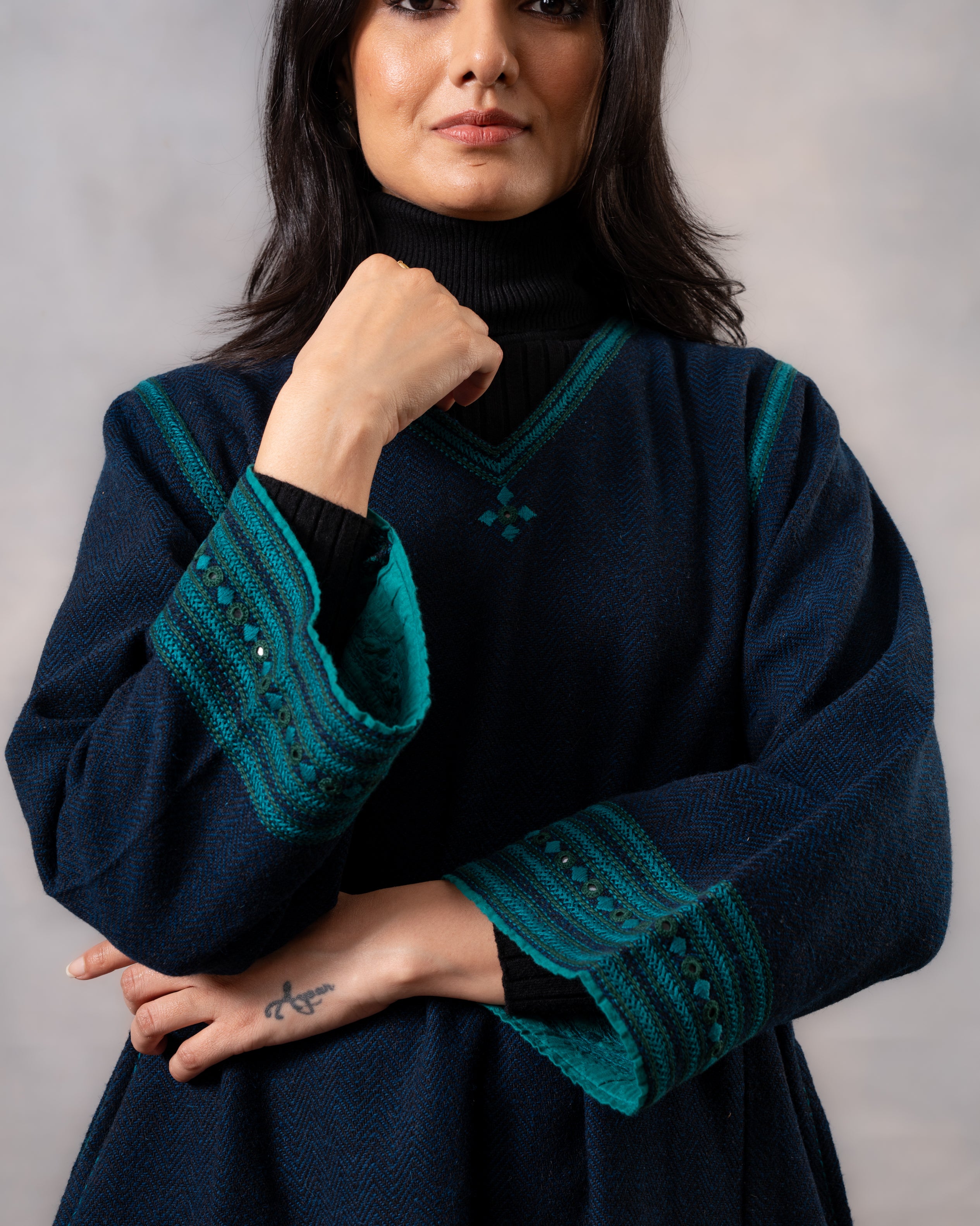 Gurez  Blue Handwoven Woolen Phiran with Dessert Hand Embroidery