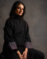 Gurez Midnight Handwoven Woolen Phiran with Hand Applique